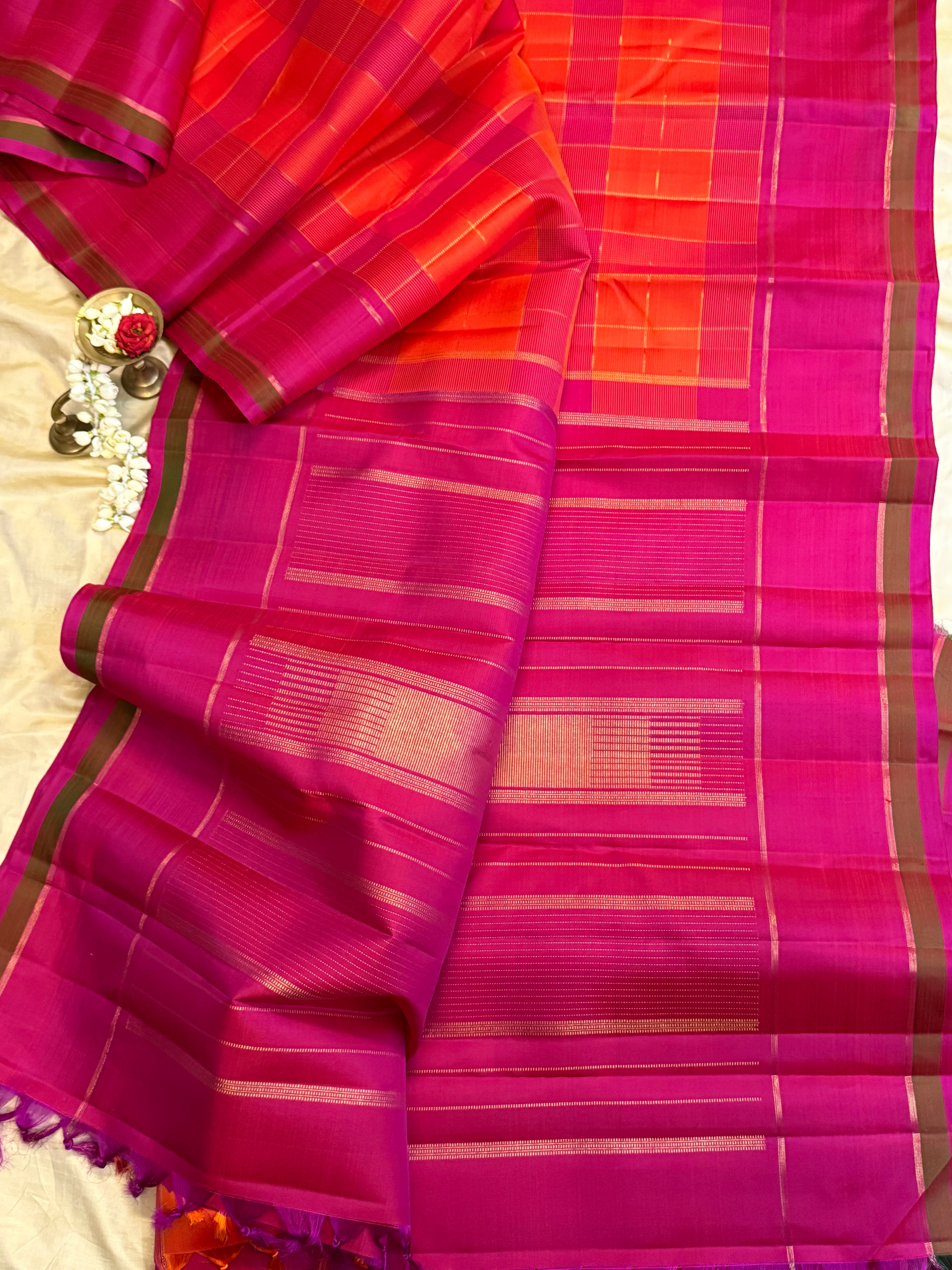 Chettinad kattam pink and orange / Kanjipuram silk