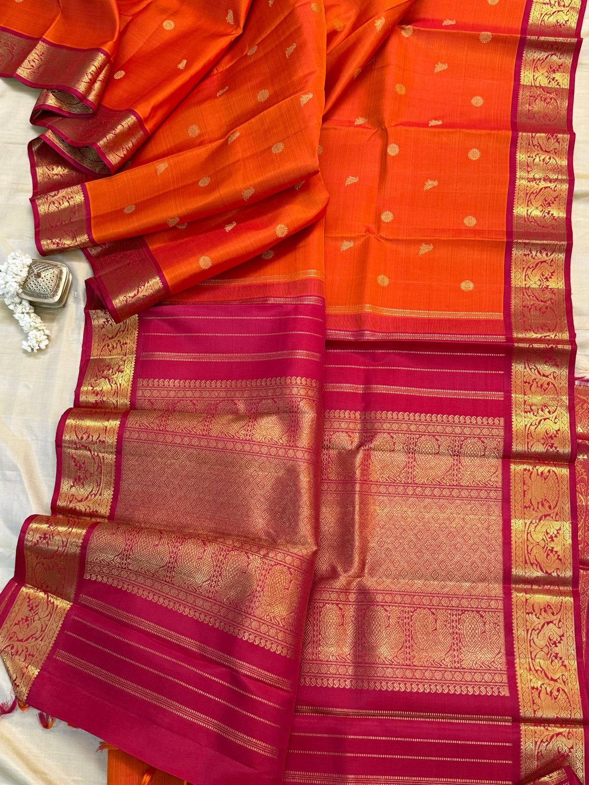 Navarathri - Day 5 Orange Colour pure Zari butta / Kanjipuram silk sree Clsa10160