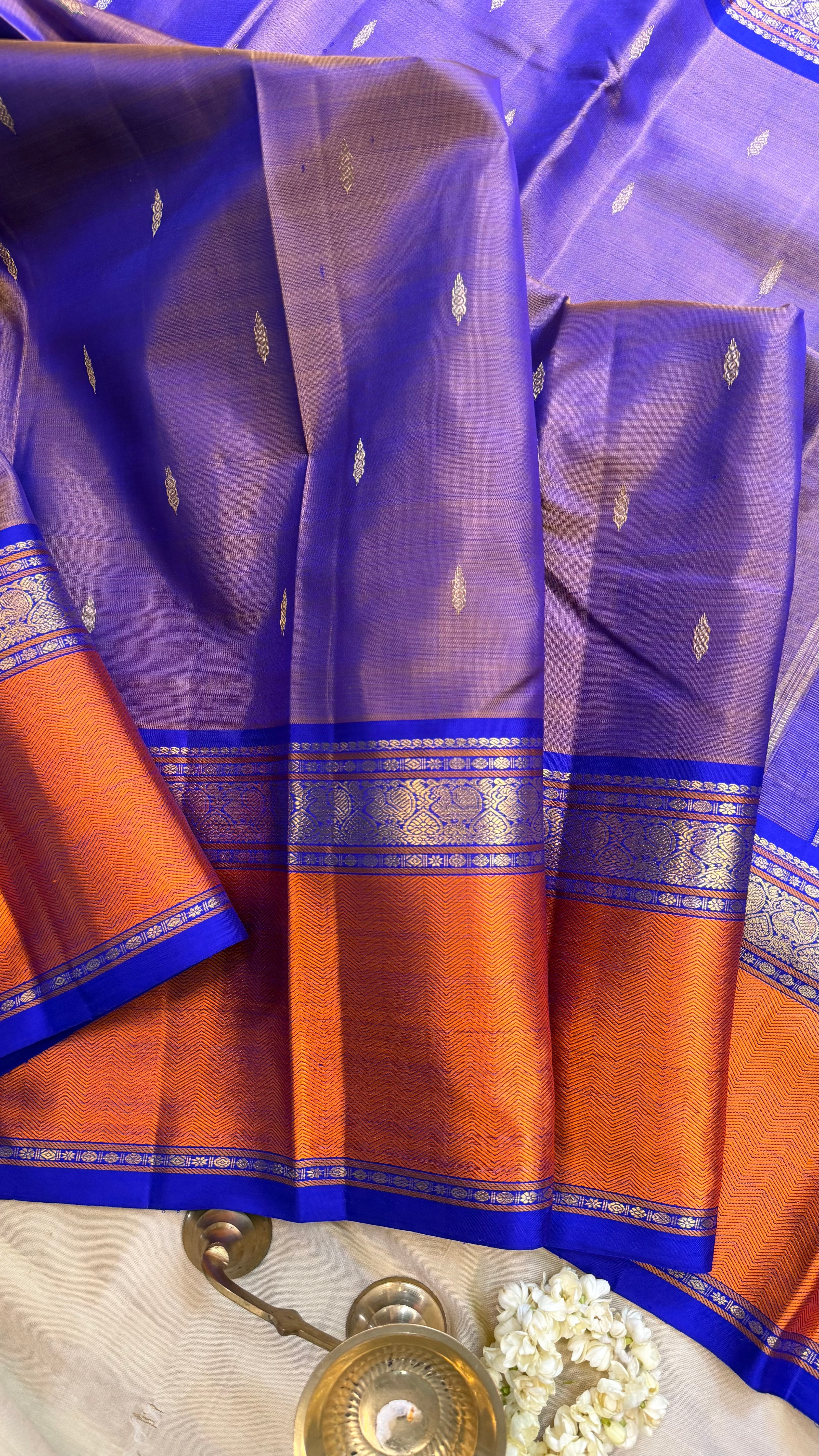 Master weaver - purple shot chocolate brown and rust border / Kanjipuram Silk