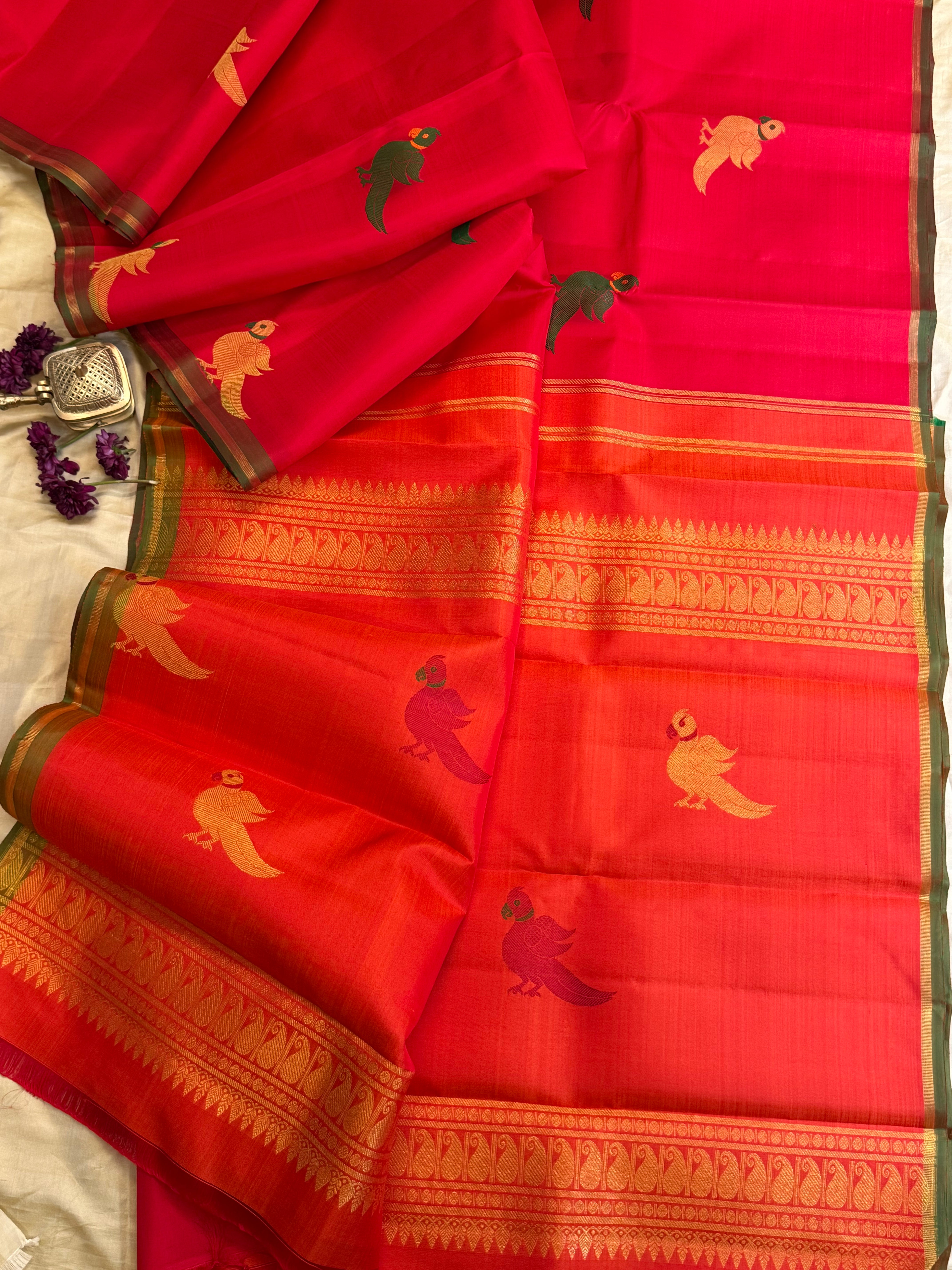 Red meenakari kili butta borderless/ Kanjipuram silk