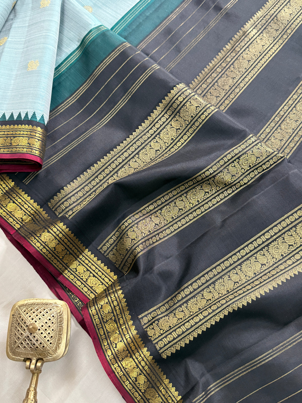 Rama green shot slate small border Korvai pure Kanjipuram silk clsa 11662