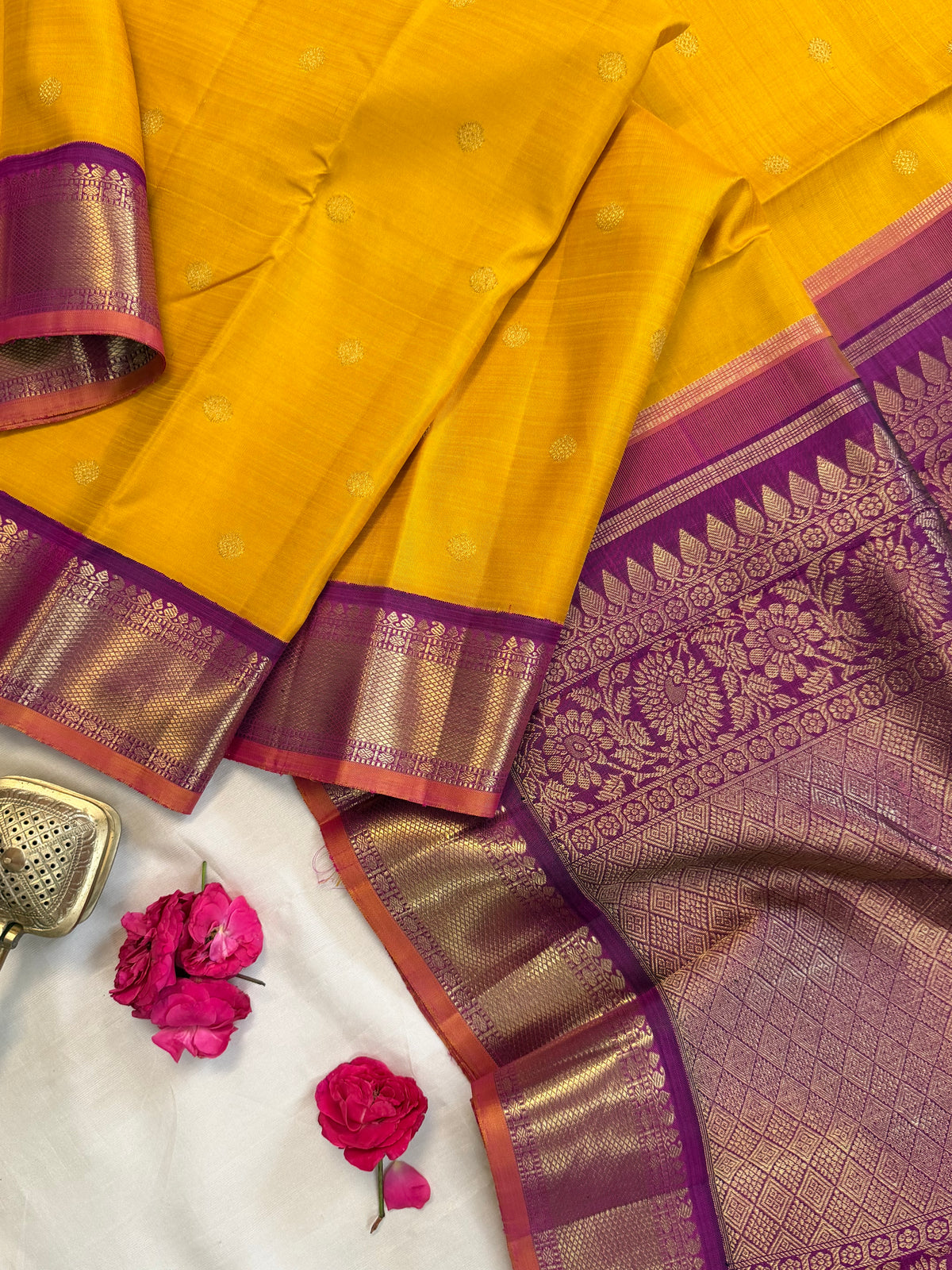 Yellow - Day 1 Navarthri colour pure Zari Kanjipuram silk / Mango yellow Korvai