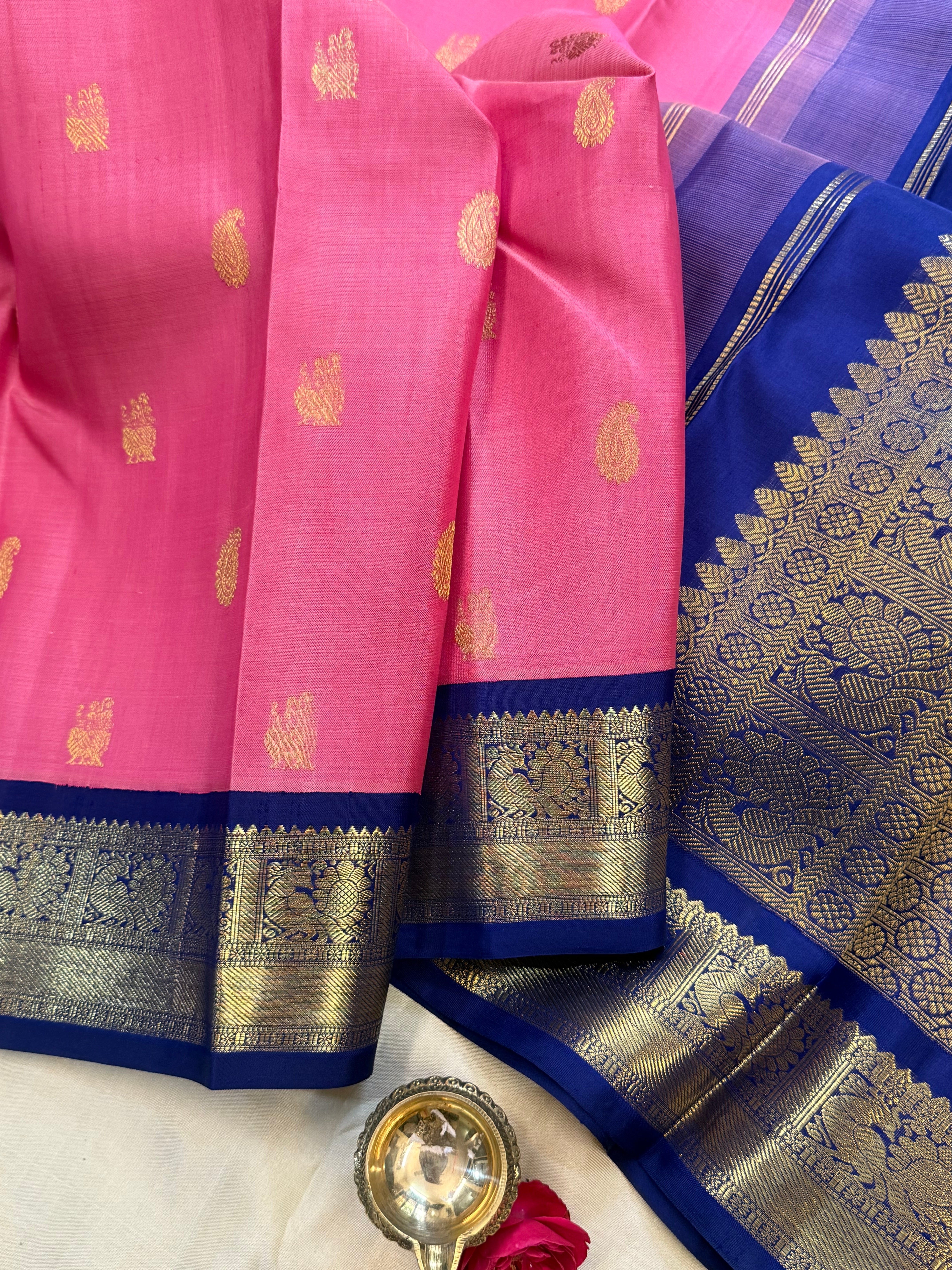 Rosemilk pink and blue kai korvai/ Kanjipuram Silk