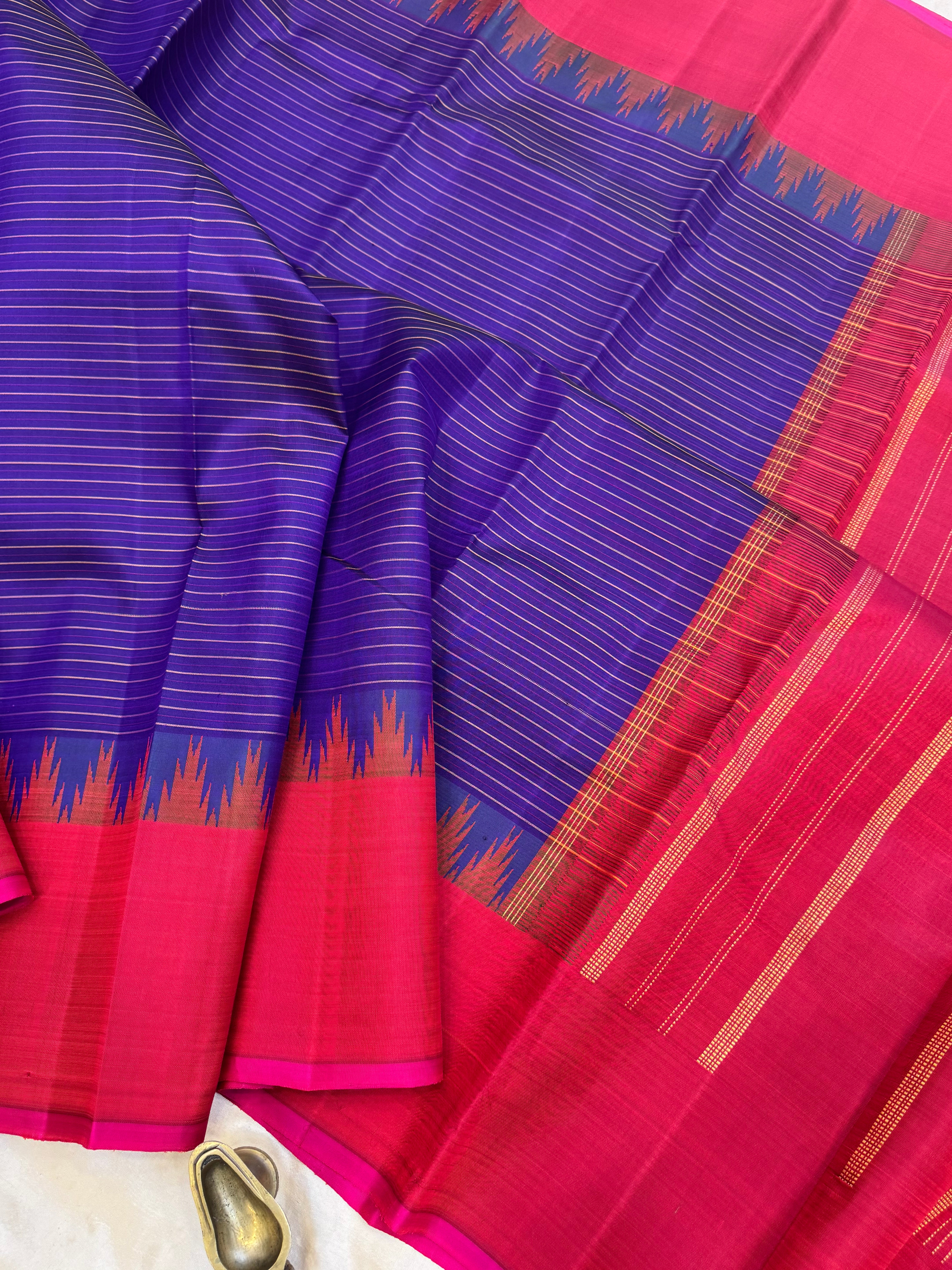 Purple stripes and pinkish red korvai / Arani silk