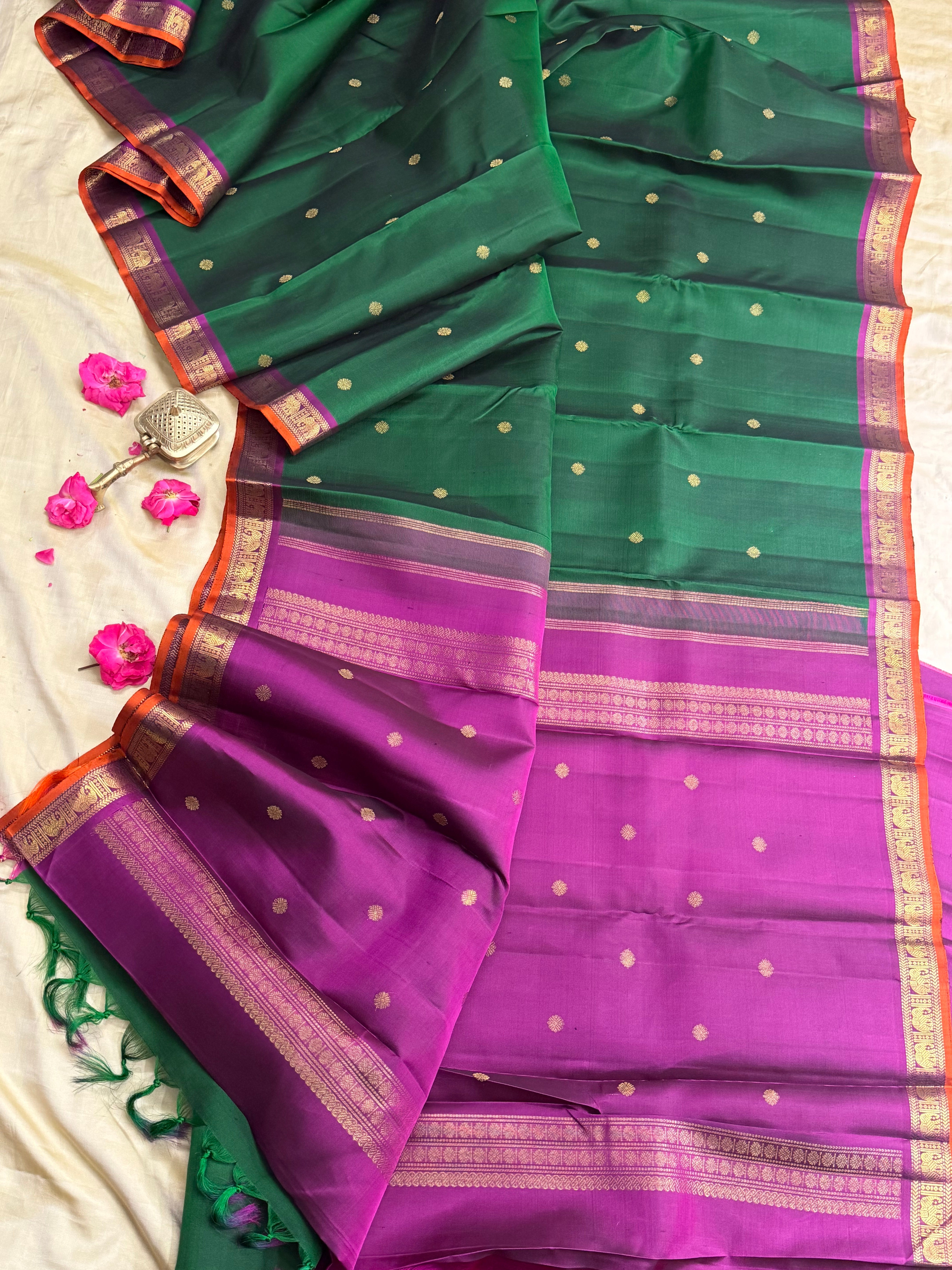 Green small border pure Zari Kanjipuram silk CLSA9859