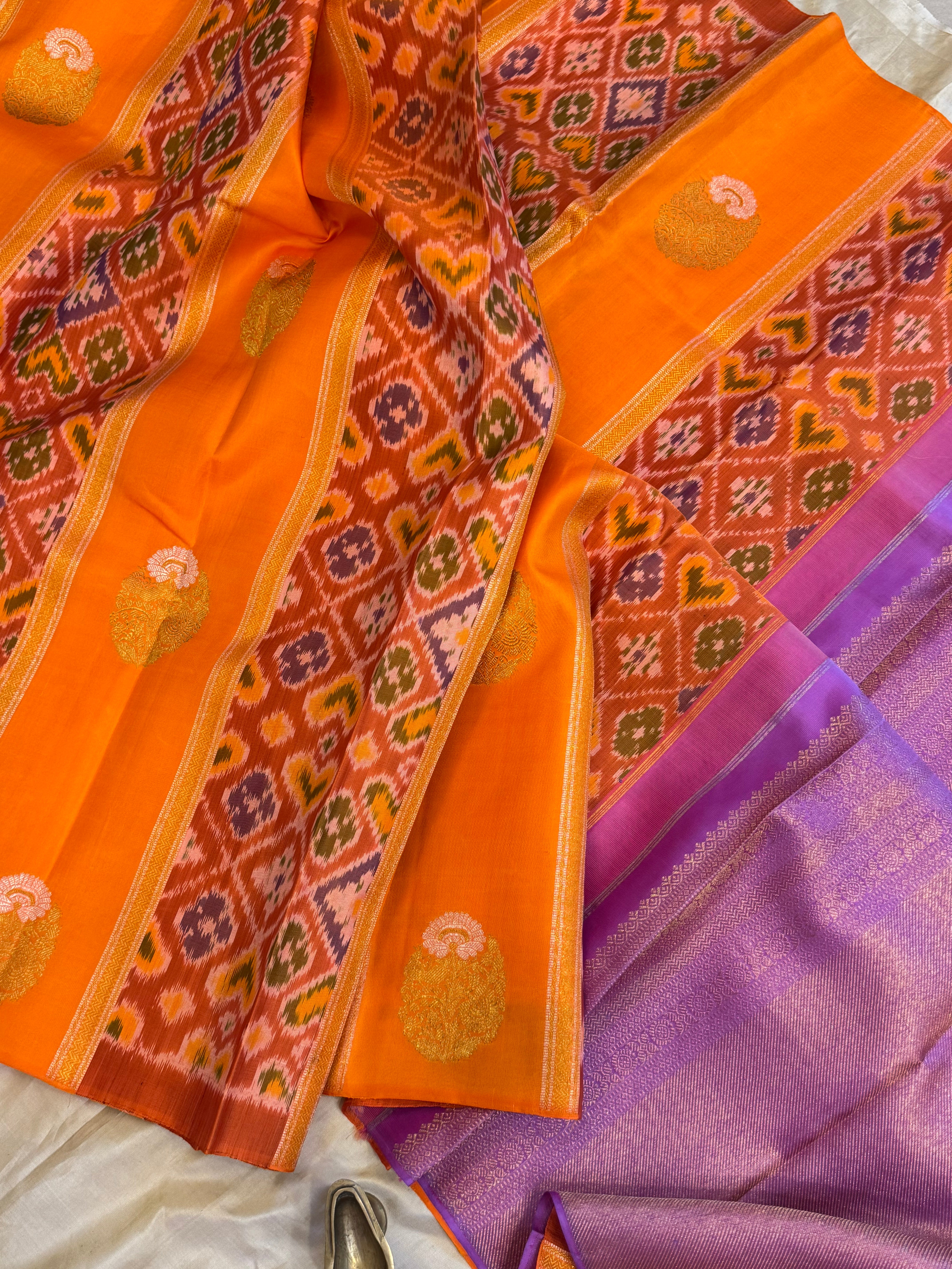 Orange Ikkat fusion kanjipuram saree