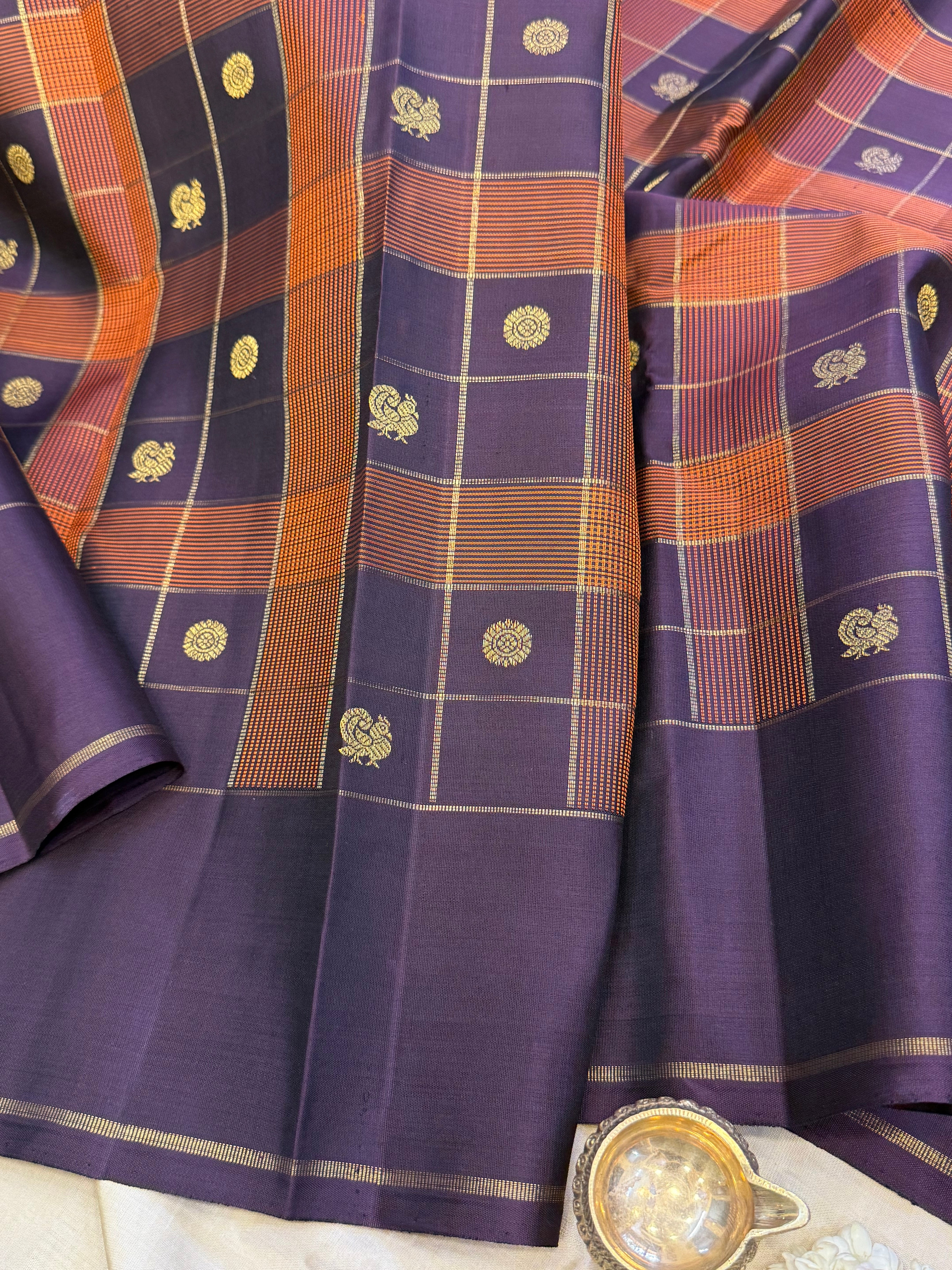 Deep paaku and rust kattam butta - Unique yazhli pallu / Kanjipuram Silk