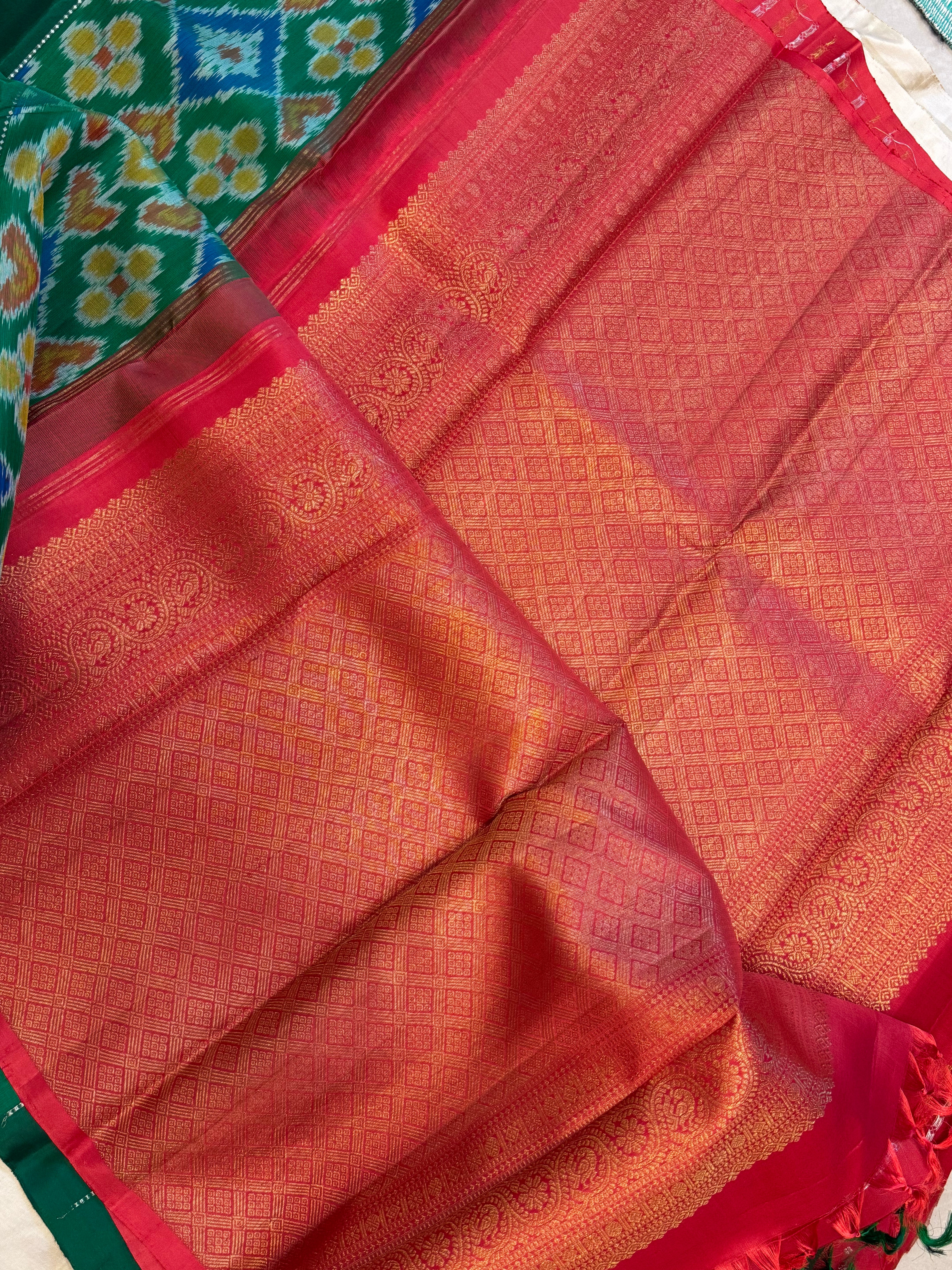 Green  Ikkat fusion kanjipuram saree