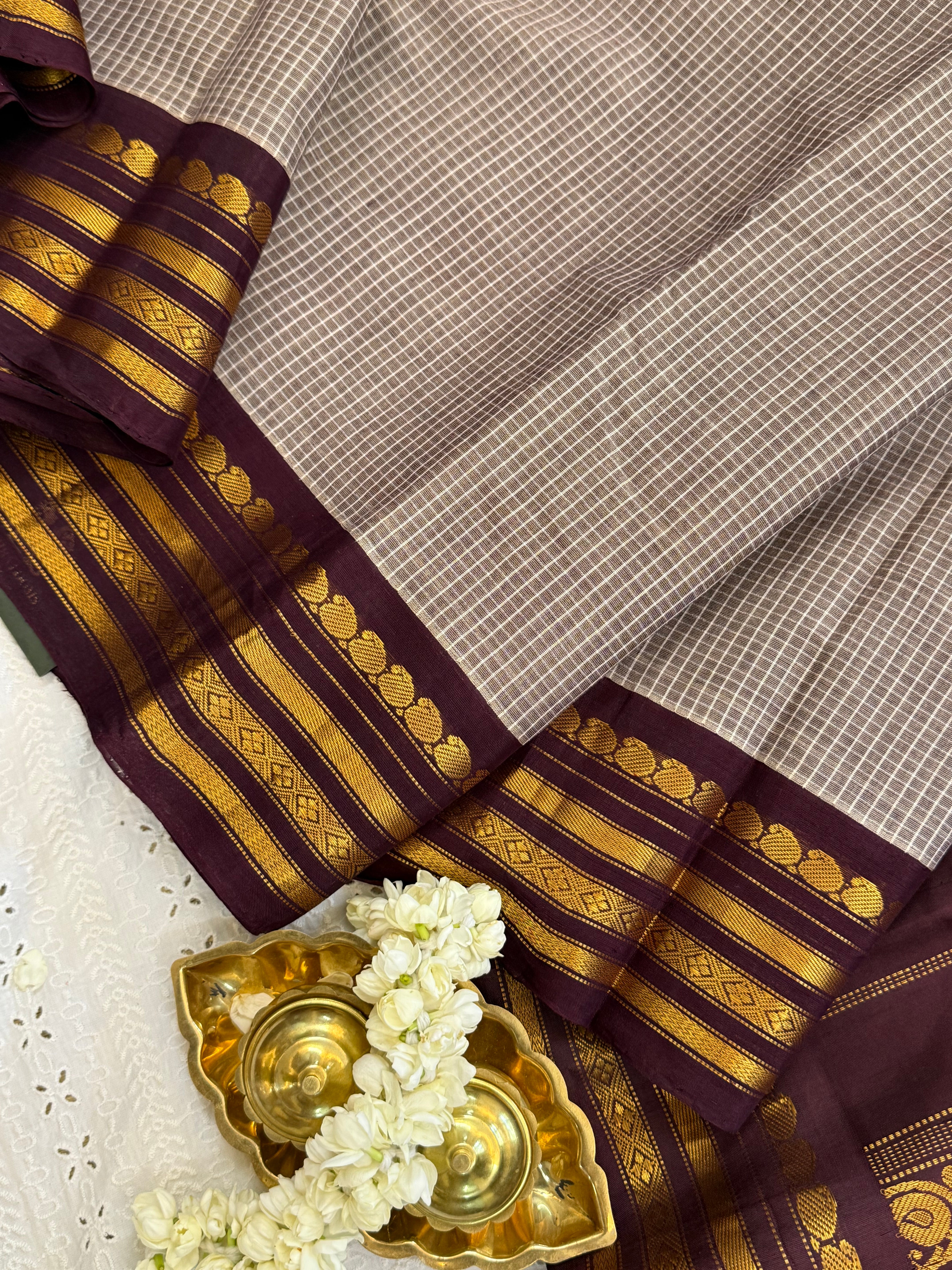 Grey and brown / Gadwal cotton No Blouse CLSA7303