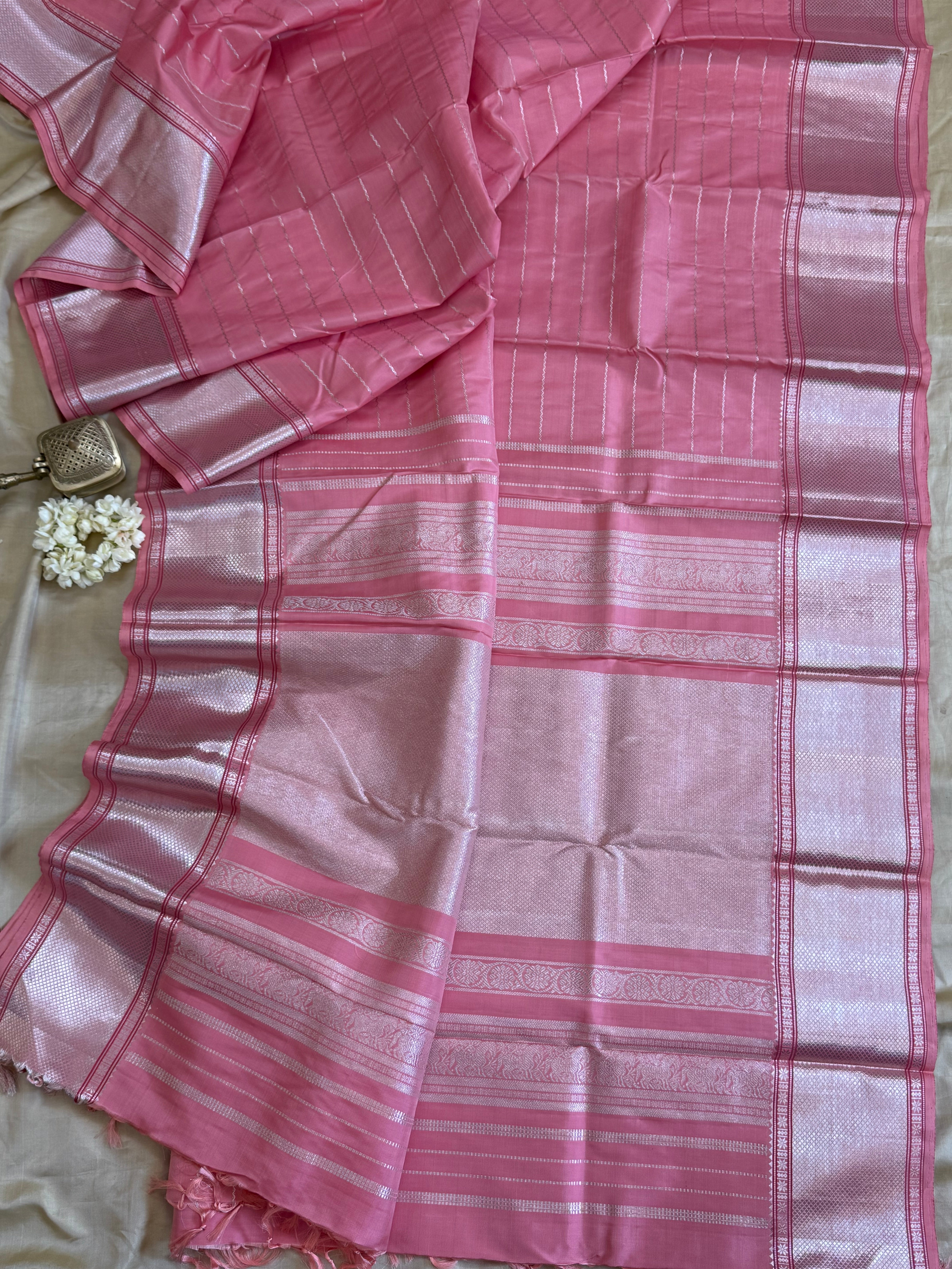 Pink veldhari getti border silver / Kanjipuram silk CL1992