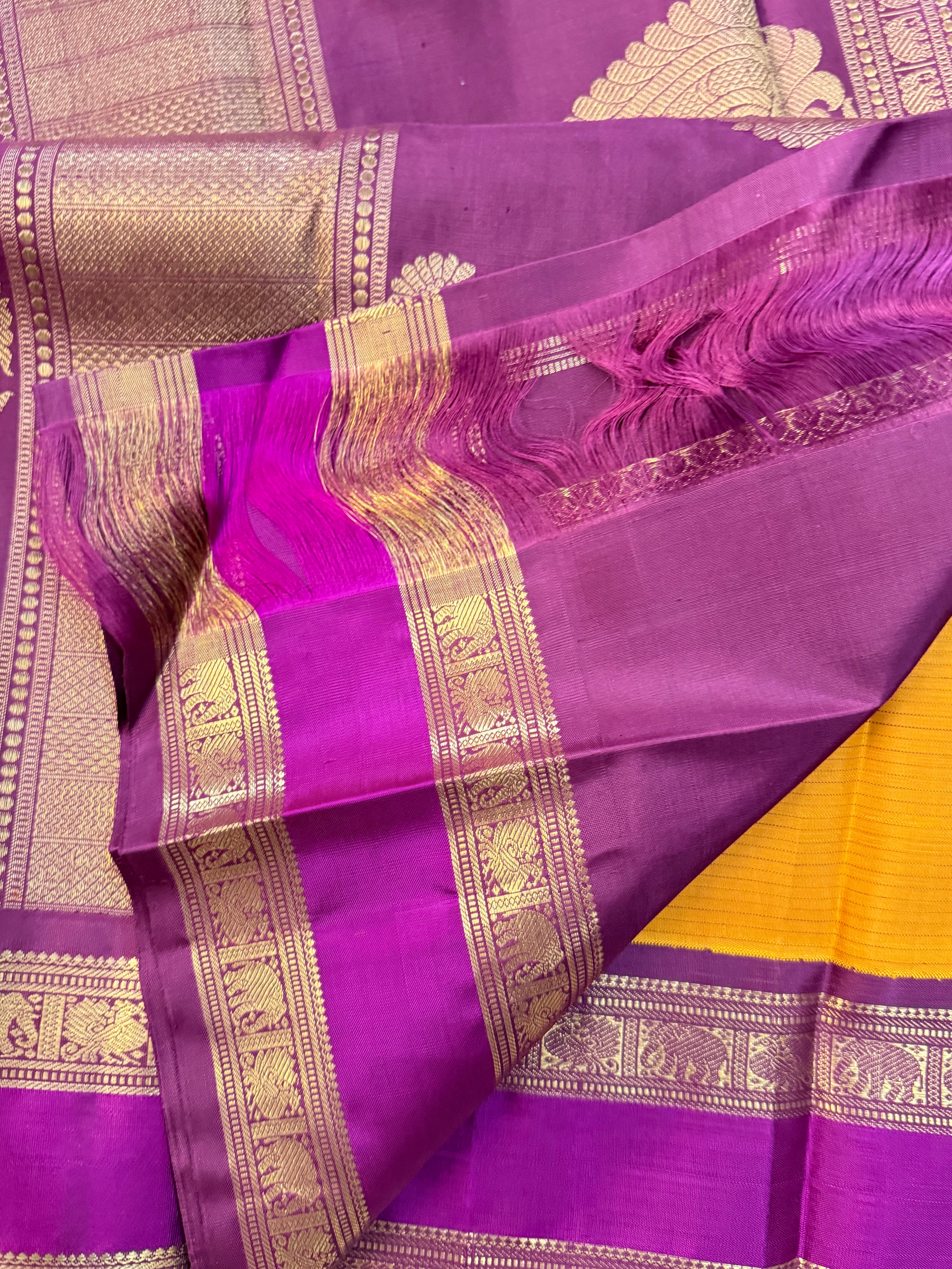 Mustard vintage retta pet Korvai  / pure Kanjipuram silk