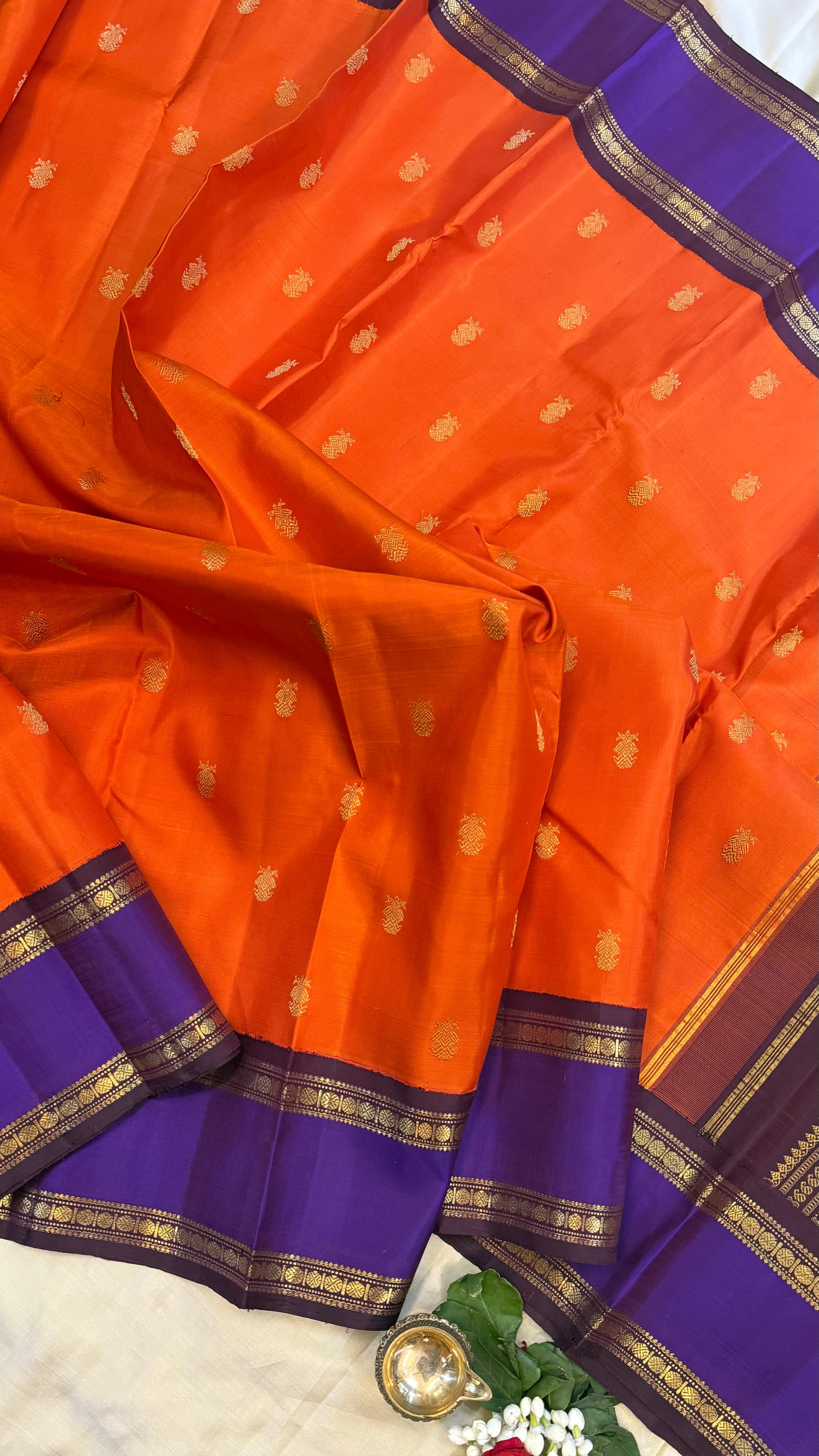 Rustic orange and purple rettapet border kai korvai/ kanjipuram silk