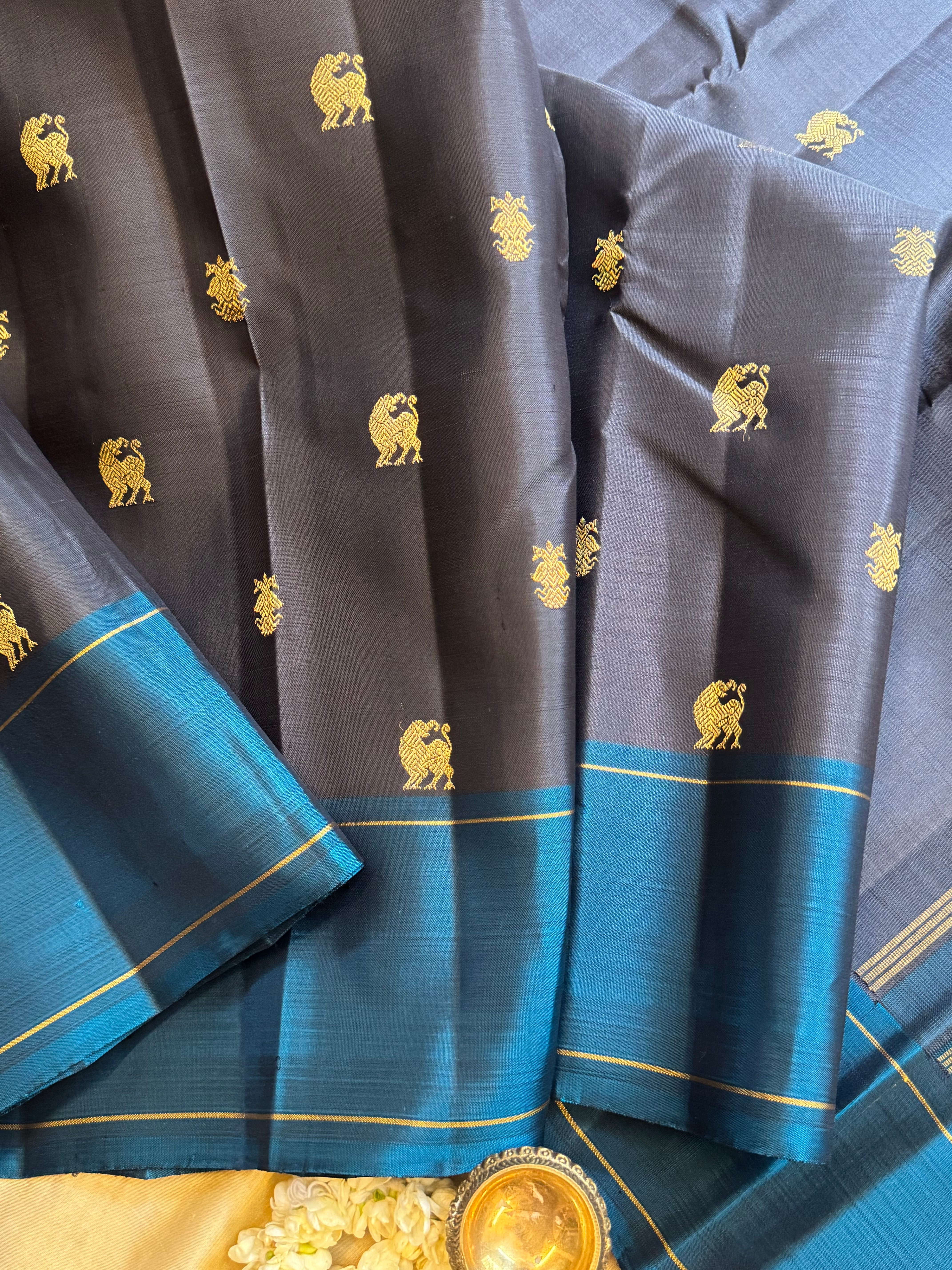 Carbon Black yazhli and teal blue/ Kanjipuram silk