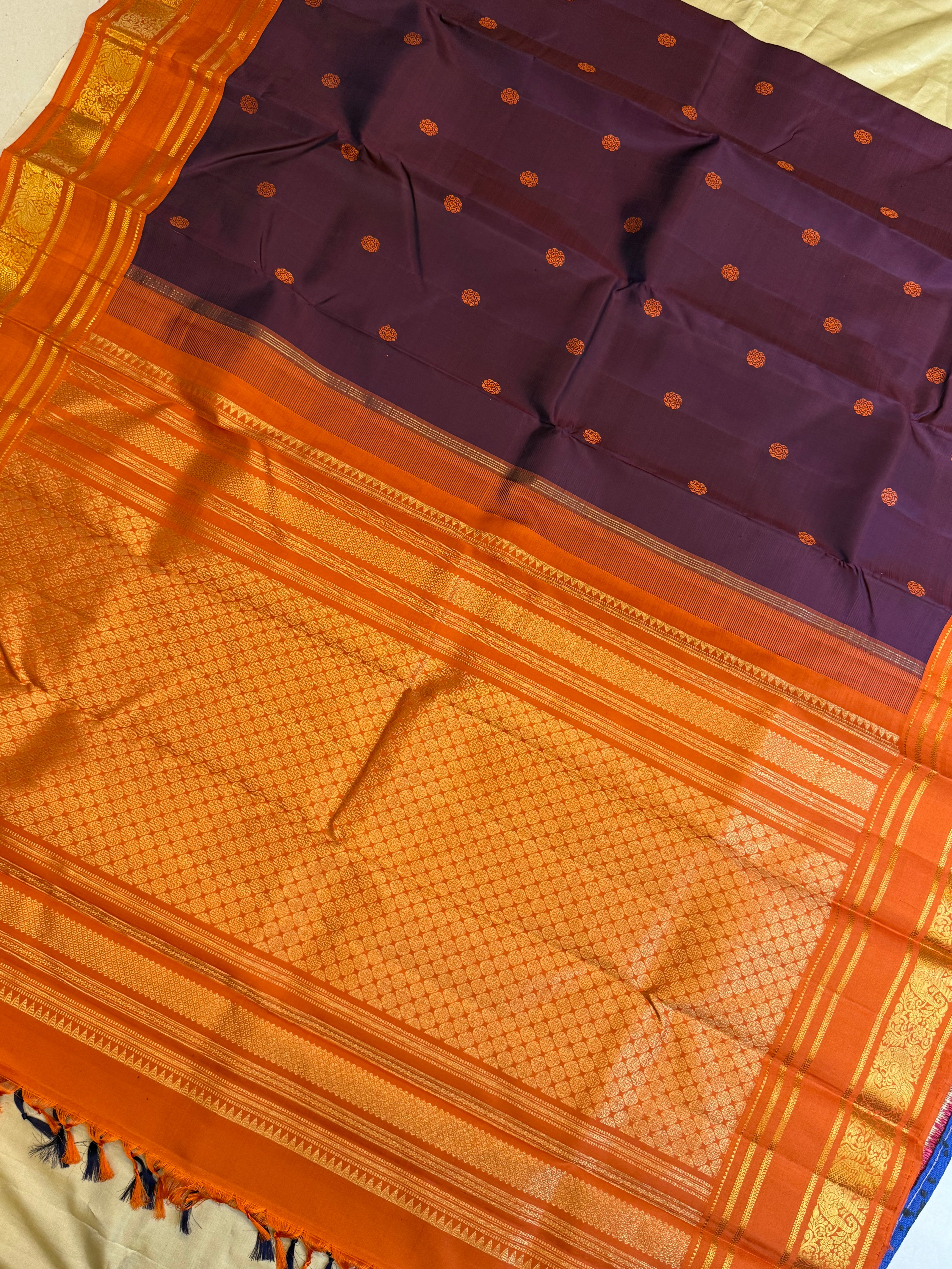 Deep purple and orange thread butta/ Arani silk