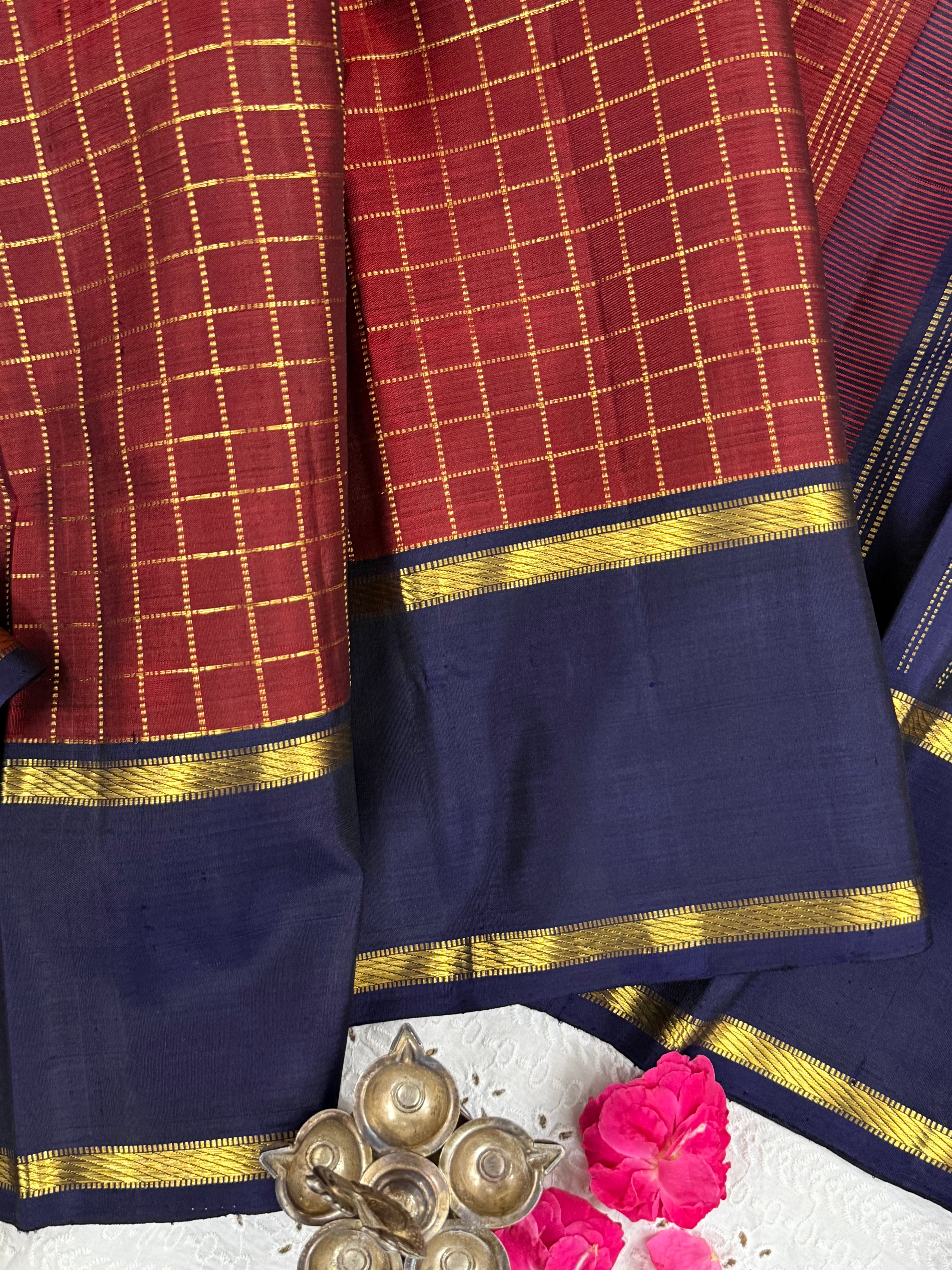 Deep rust kattam and navy blue/ Arani silk