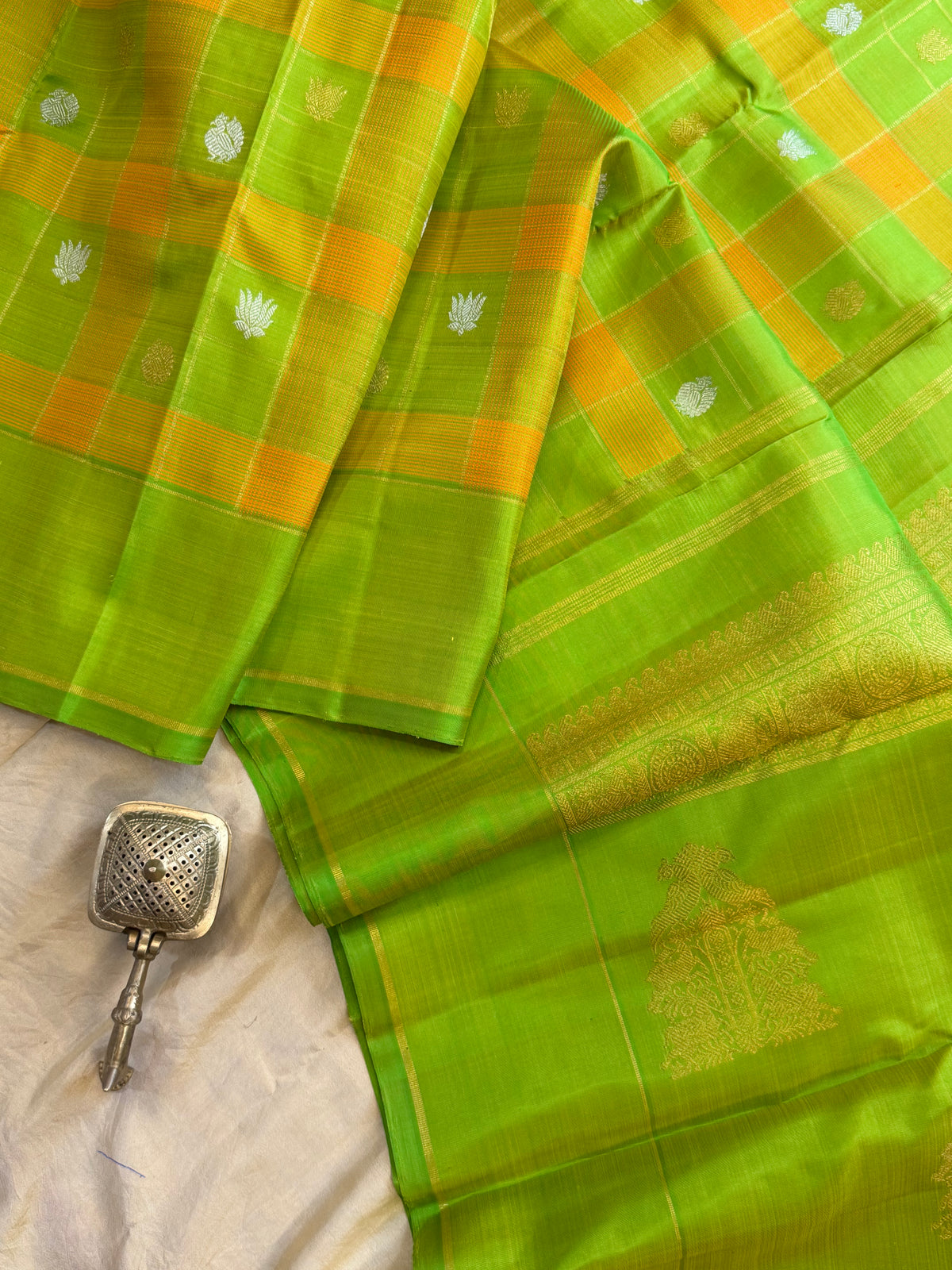 Lime green Chettinad Kattam - pure Zari Kanjipuram silk