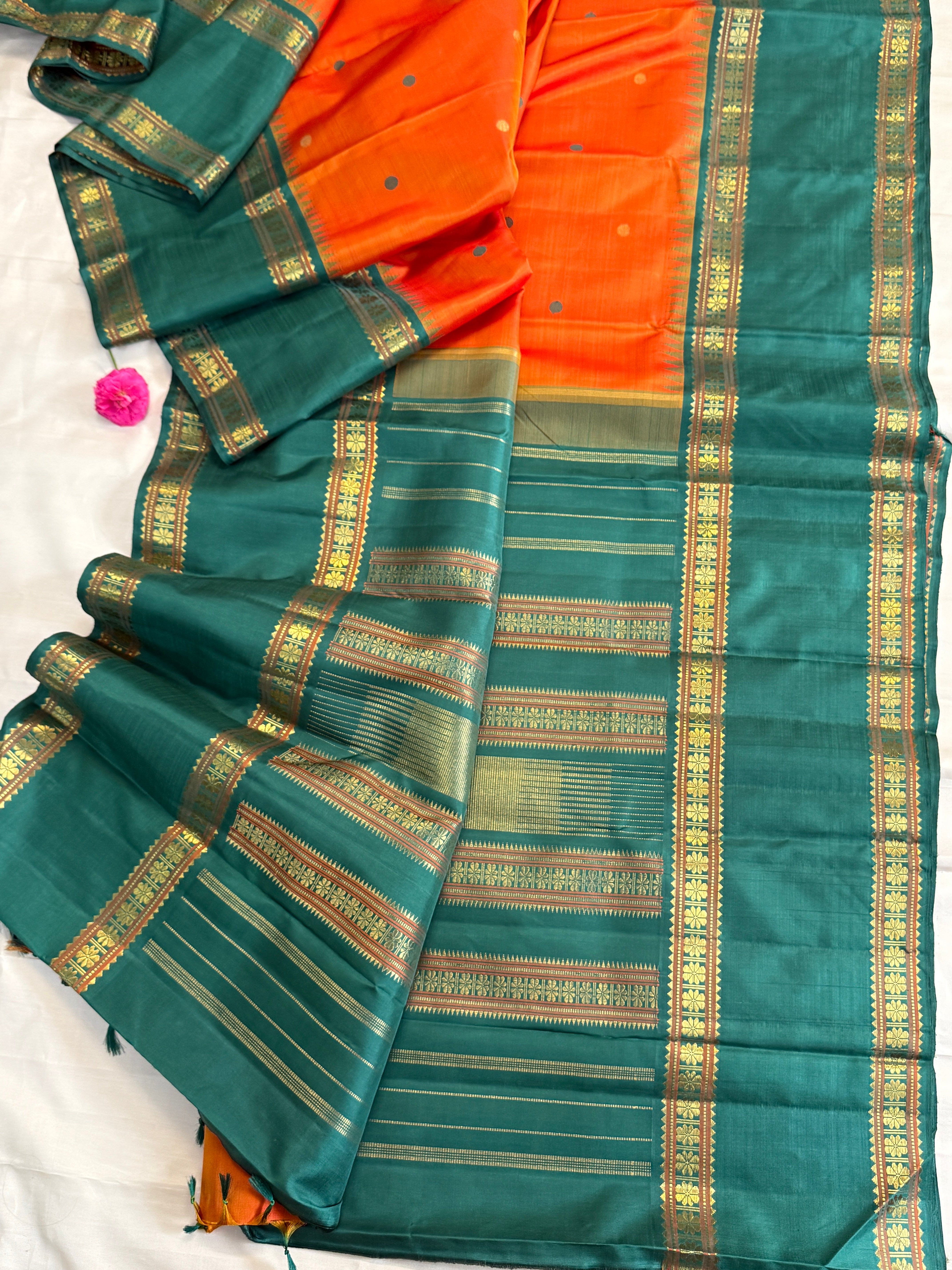 Rustic orange coin thread and zari butta on body with Retta pet / Kanjipuram silk CLSA11599