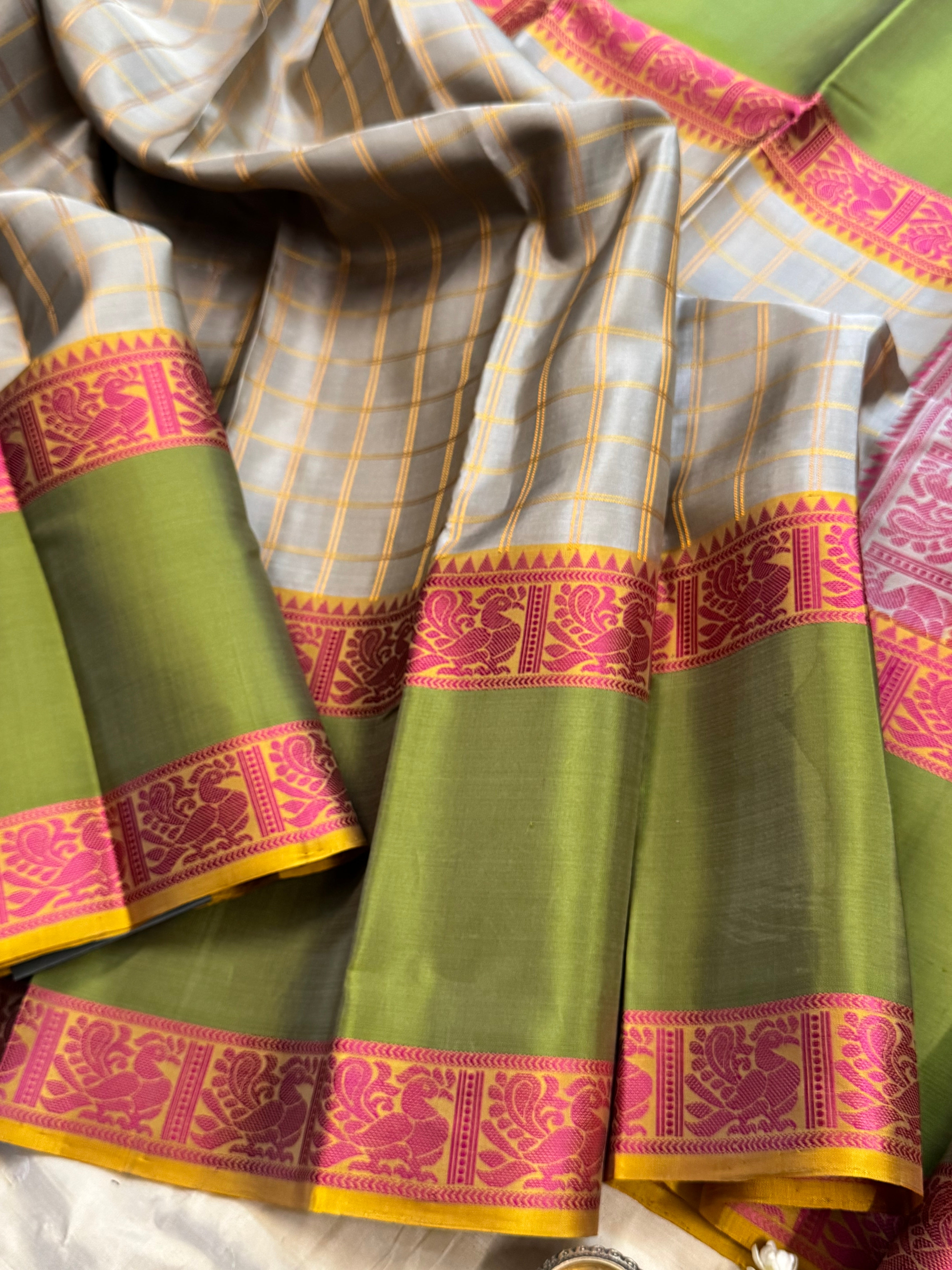 Grey kattam long border/ Varnangal soft silk