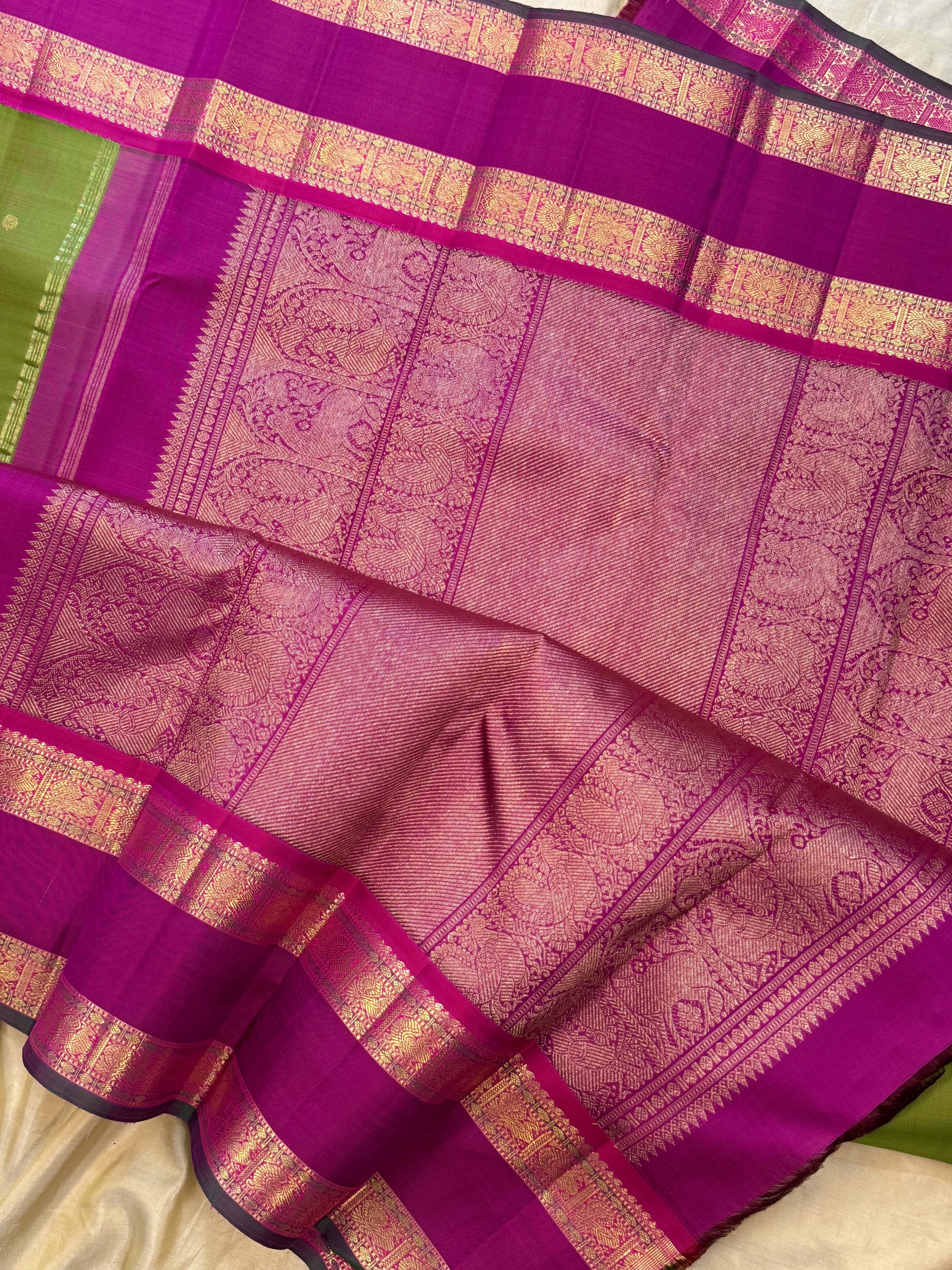 Olive green and magenta pink rettapet border kai korvai/ Kanjipuram silk