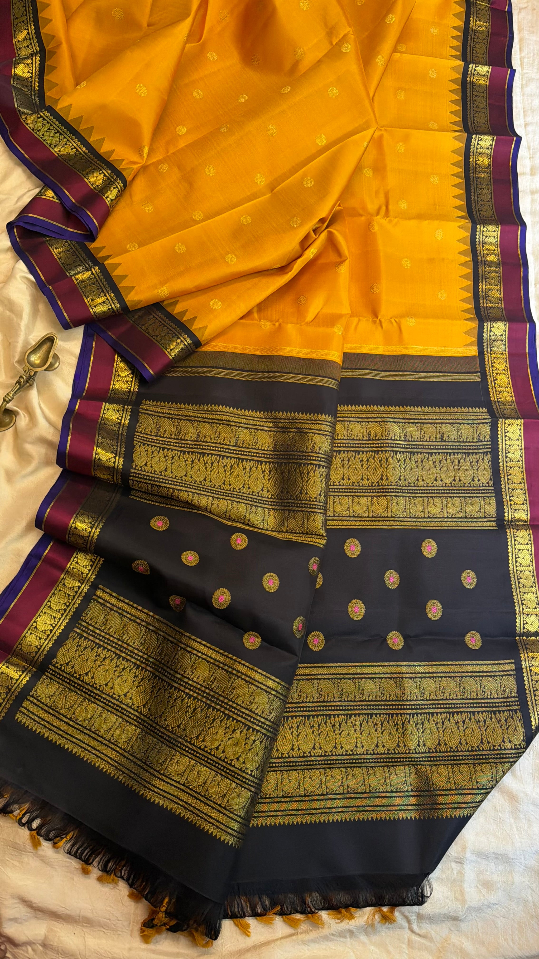 Mustard yellow Korvai Kanjipuram silk