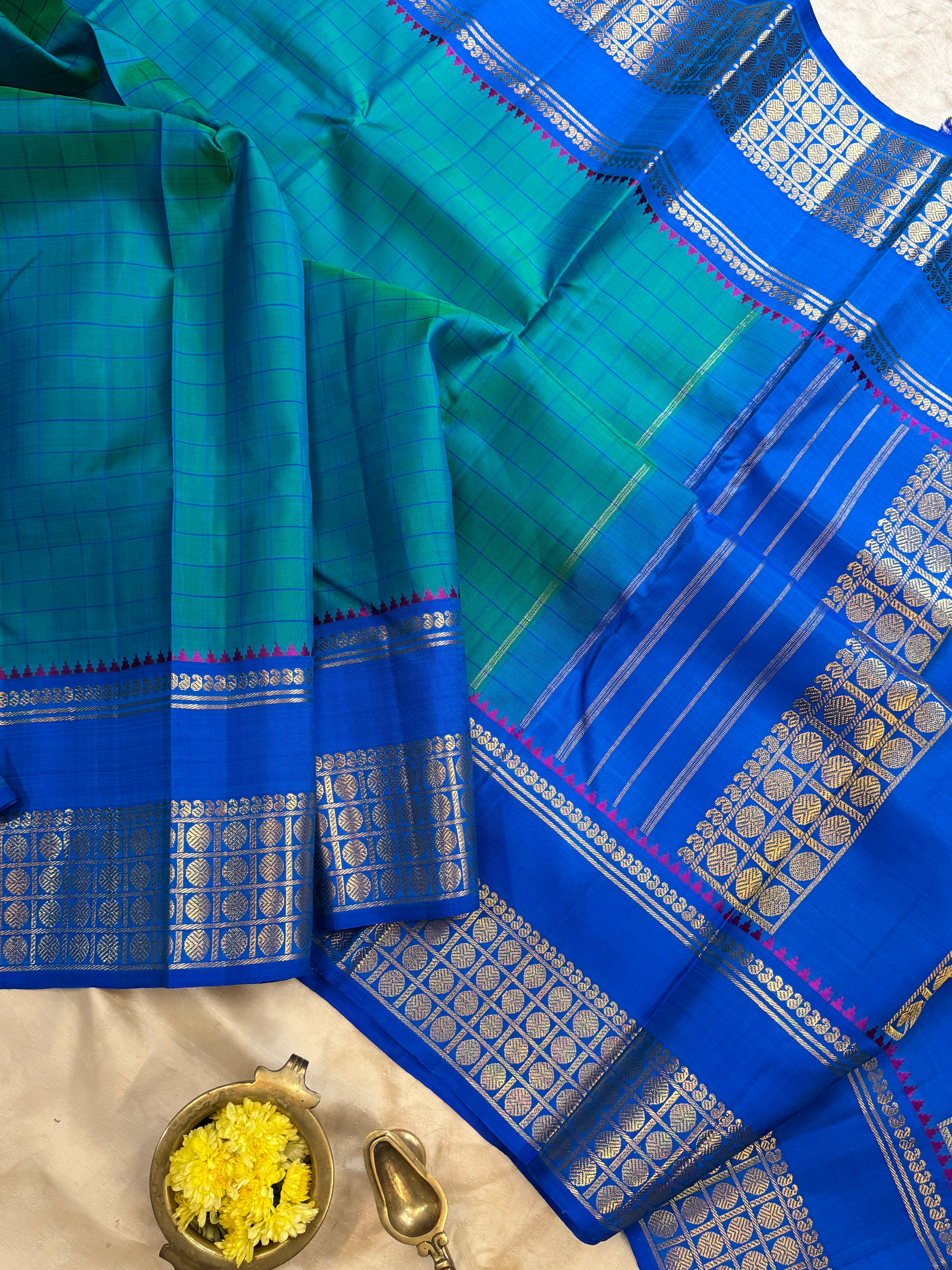 Nichyathartham edit : sea blue varisapet kanjipuram silk