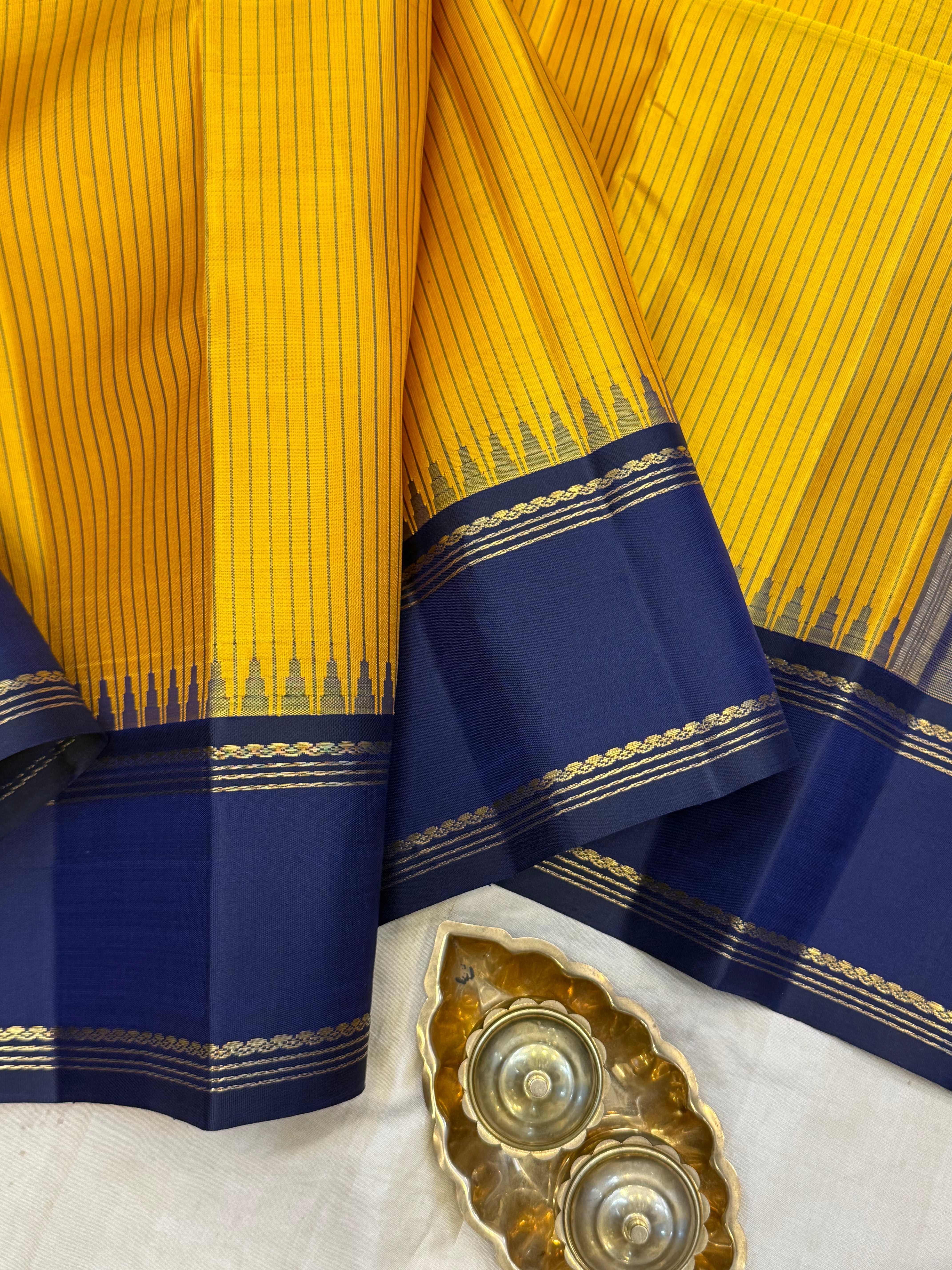 Mustard yellow thread lines with retta pet border/ kanjipuram silk CLSA10774