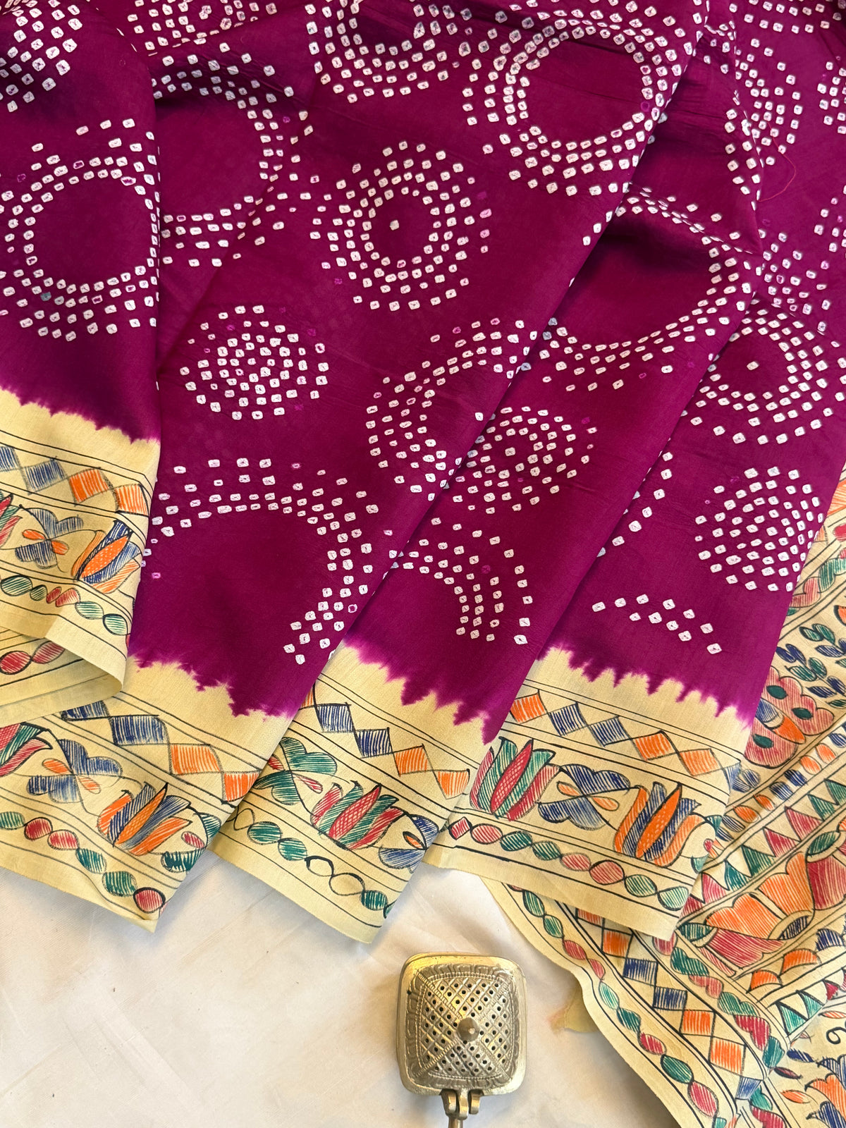 Purple  Bandhini with Madhubani work in silk