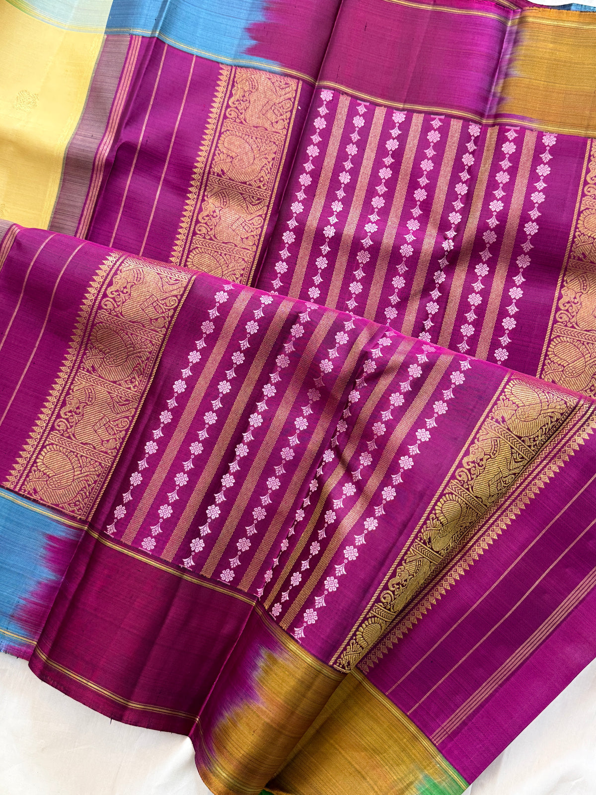 Golden off white with Multiple colour border and Zari butta / Kanjipuram silk saree