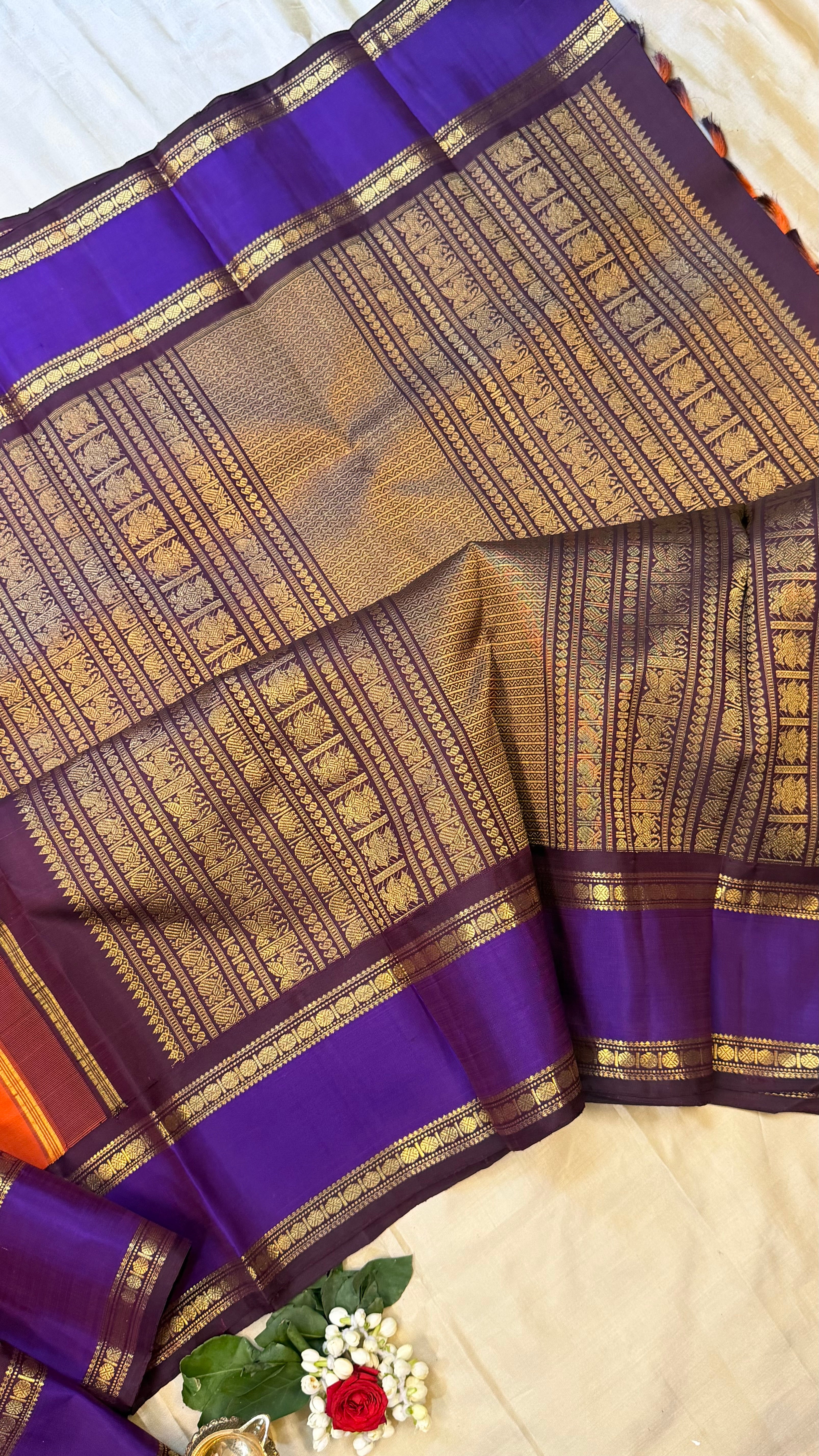 Rustic orange and purple rettapet border kai korvai/ kanjipuram silk