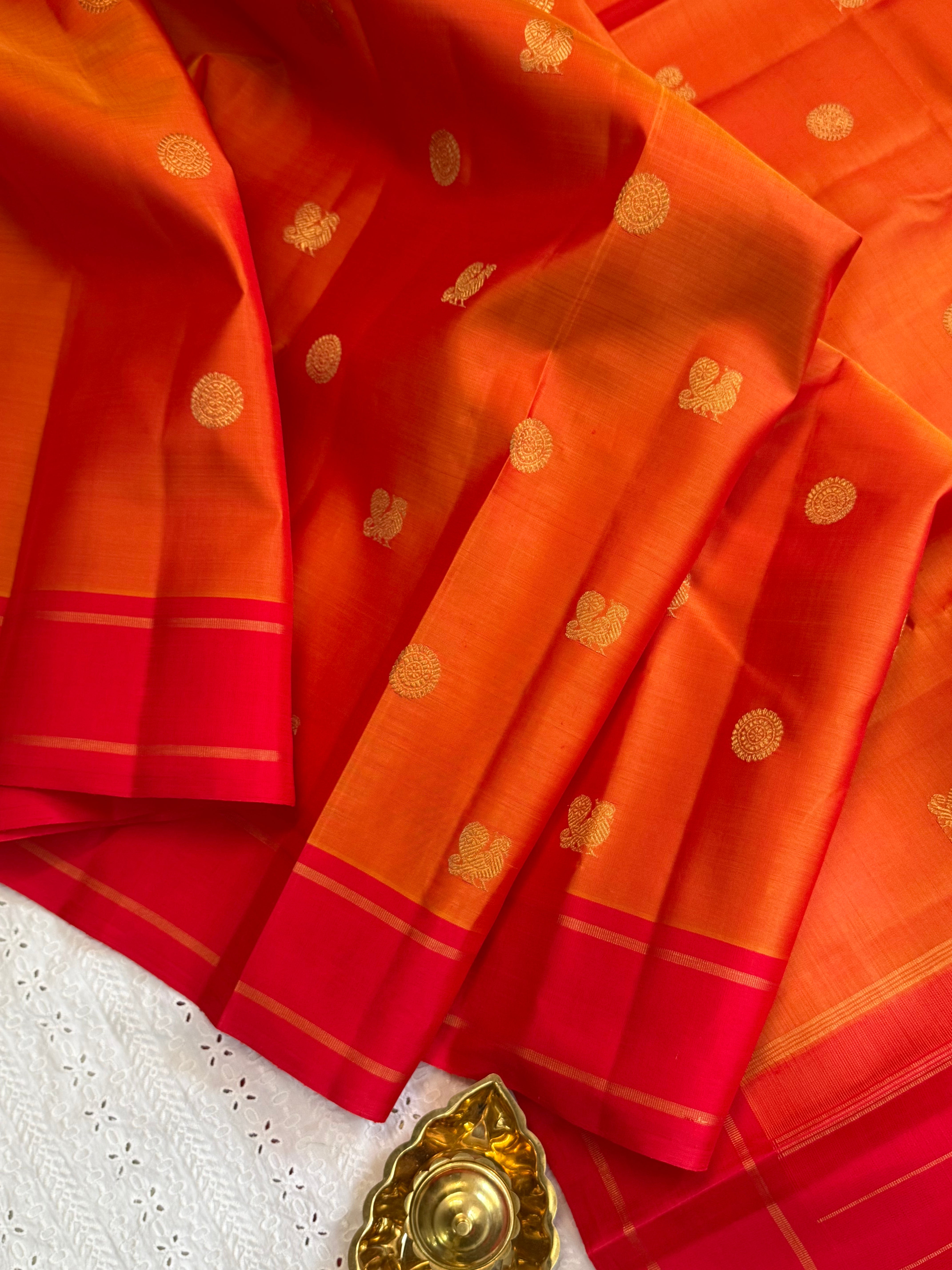 Simha and red annam and chakram butta/ Kanjipuram silk