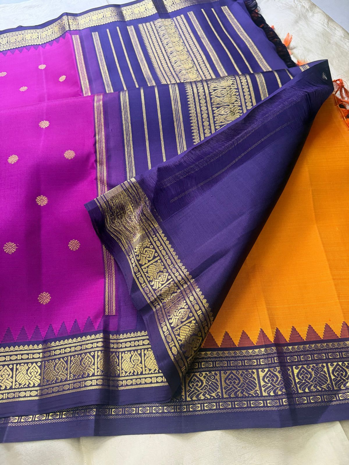 Mango yellow concept triple palla Korvai Kanjipuram silk