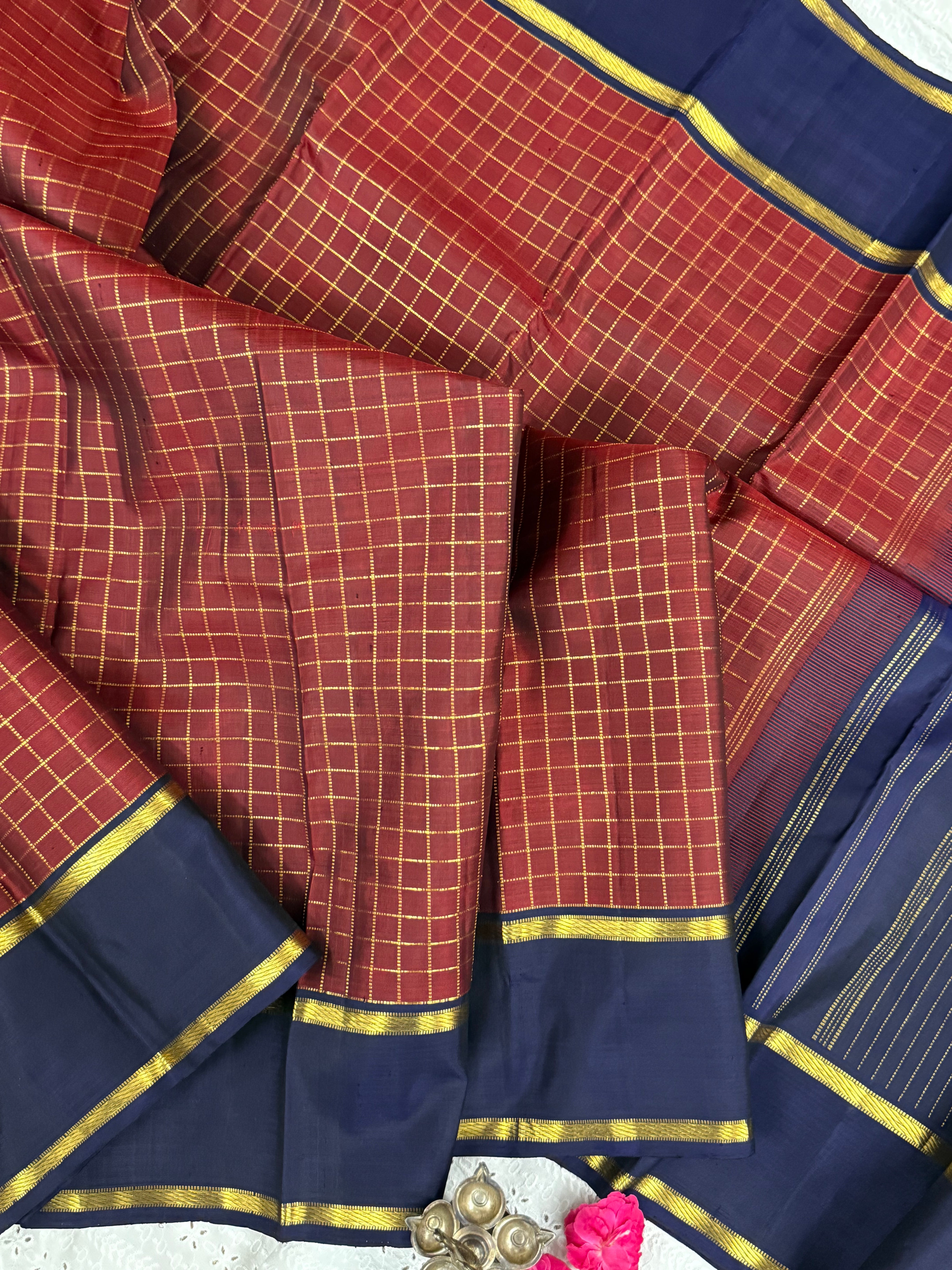 Deep rust kattam and navy blue/ Arani silk