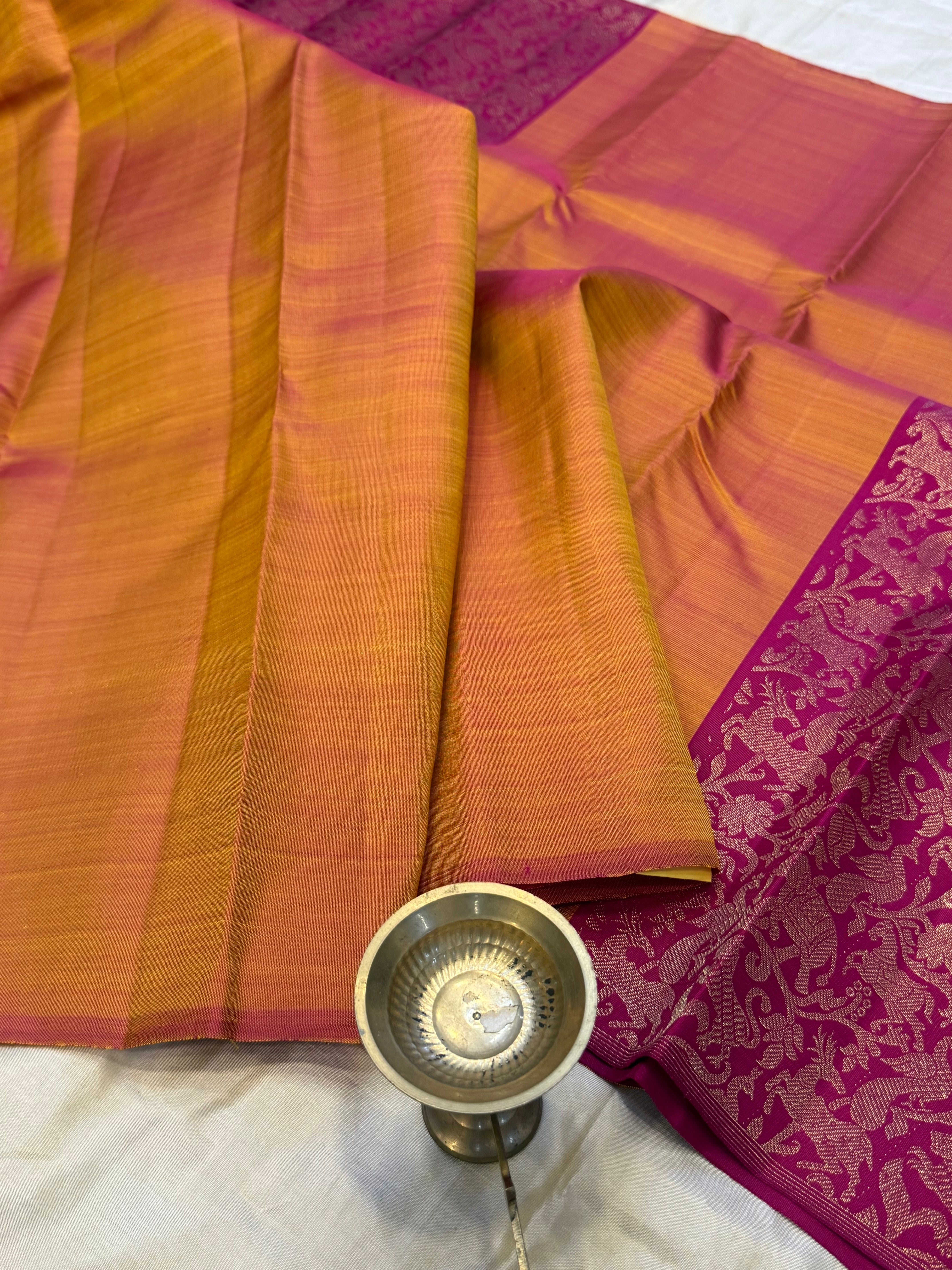 Mustard shot pink vanasingaram concept design / Kanjipuram silk