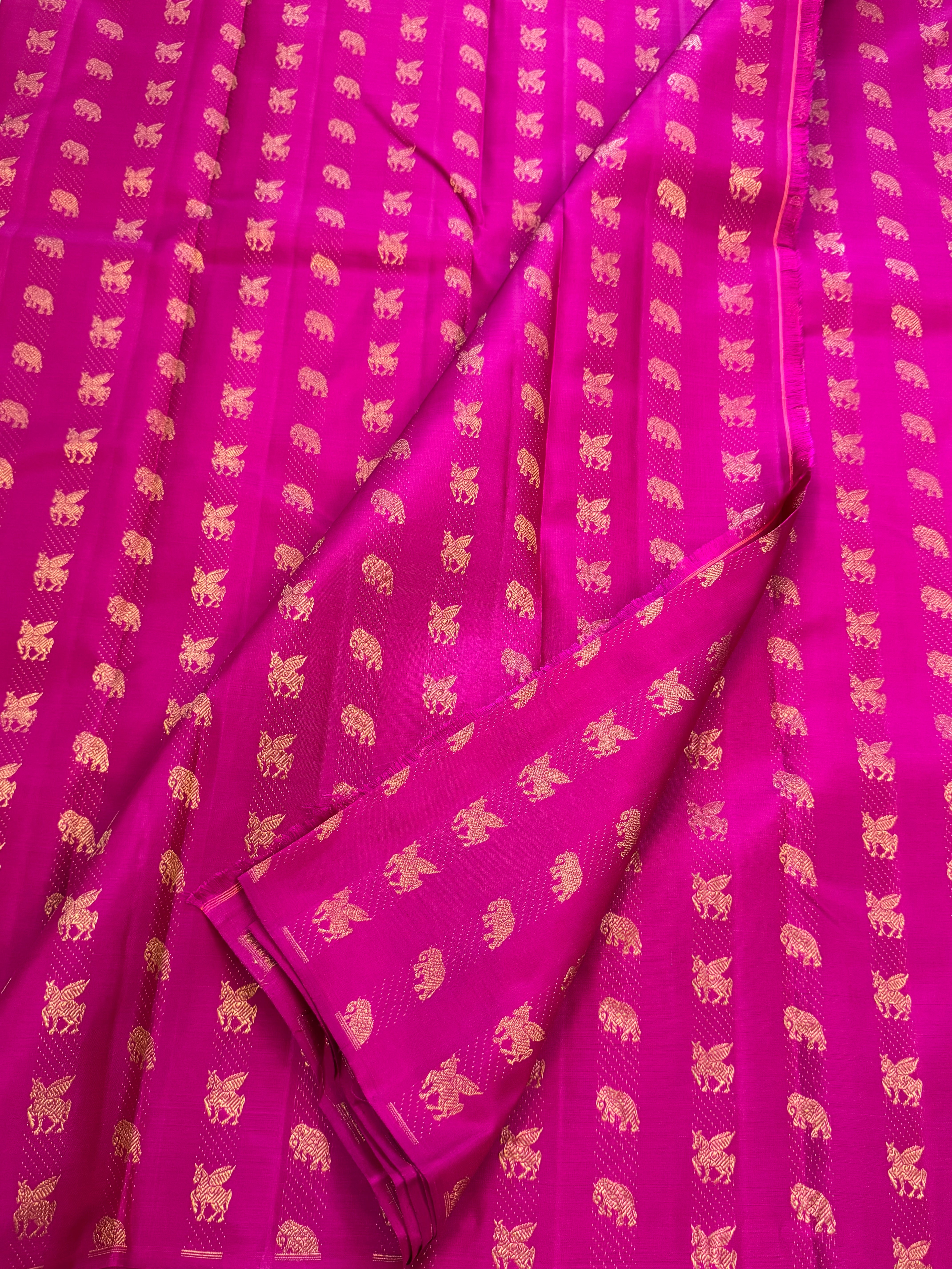 Hot pink flying horse and elephant butta/ Kanjipuram blouse fabric (per metre)