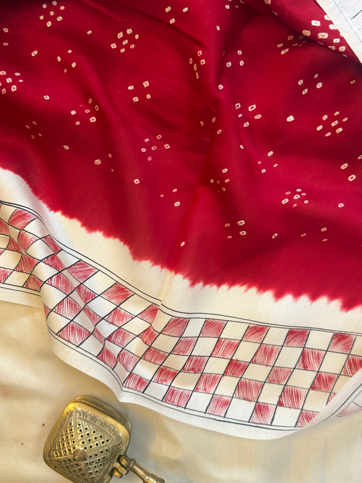 Red Bandhini with Madhubani work in silk