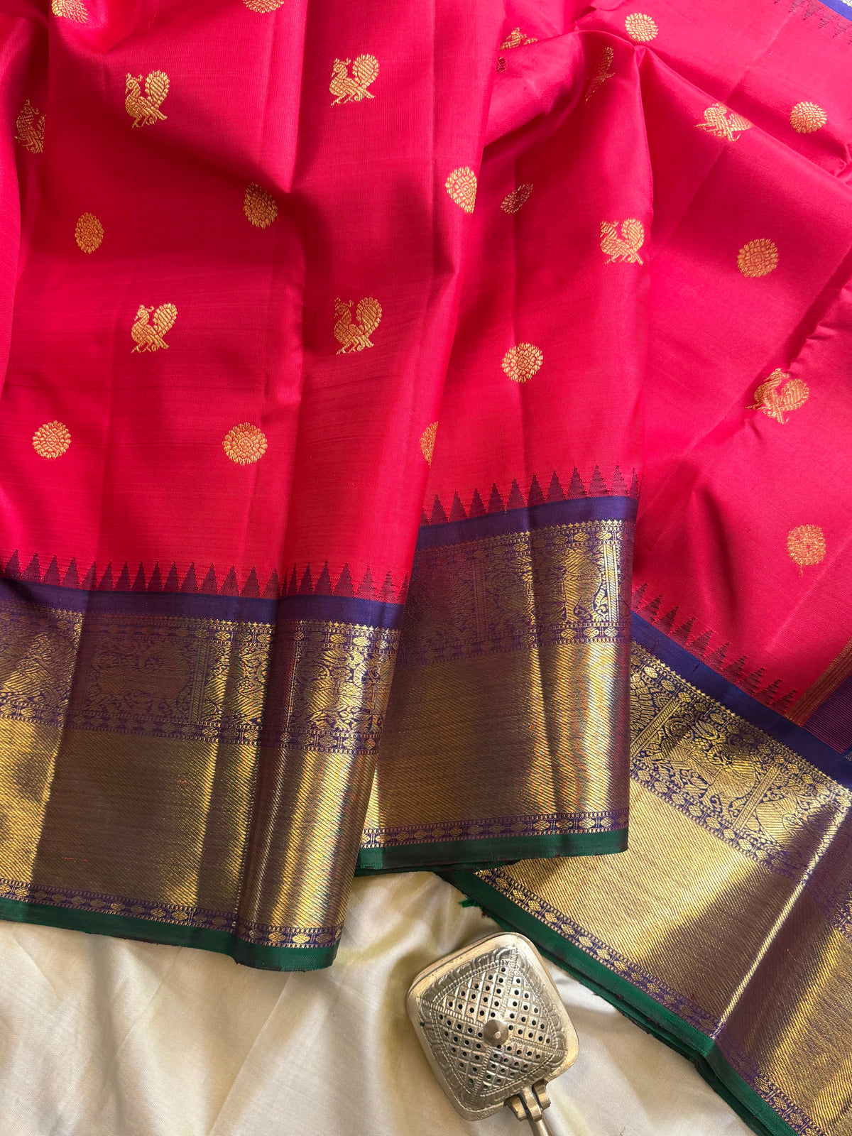 Red with blue Kai Korvai pure Kanjipuram silk