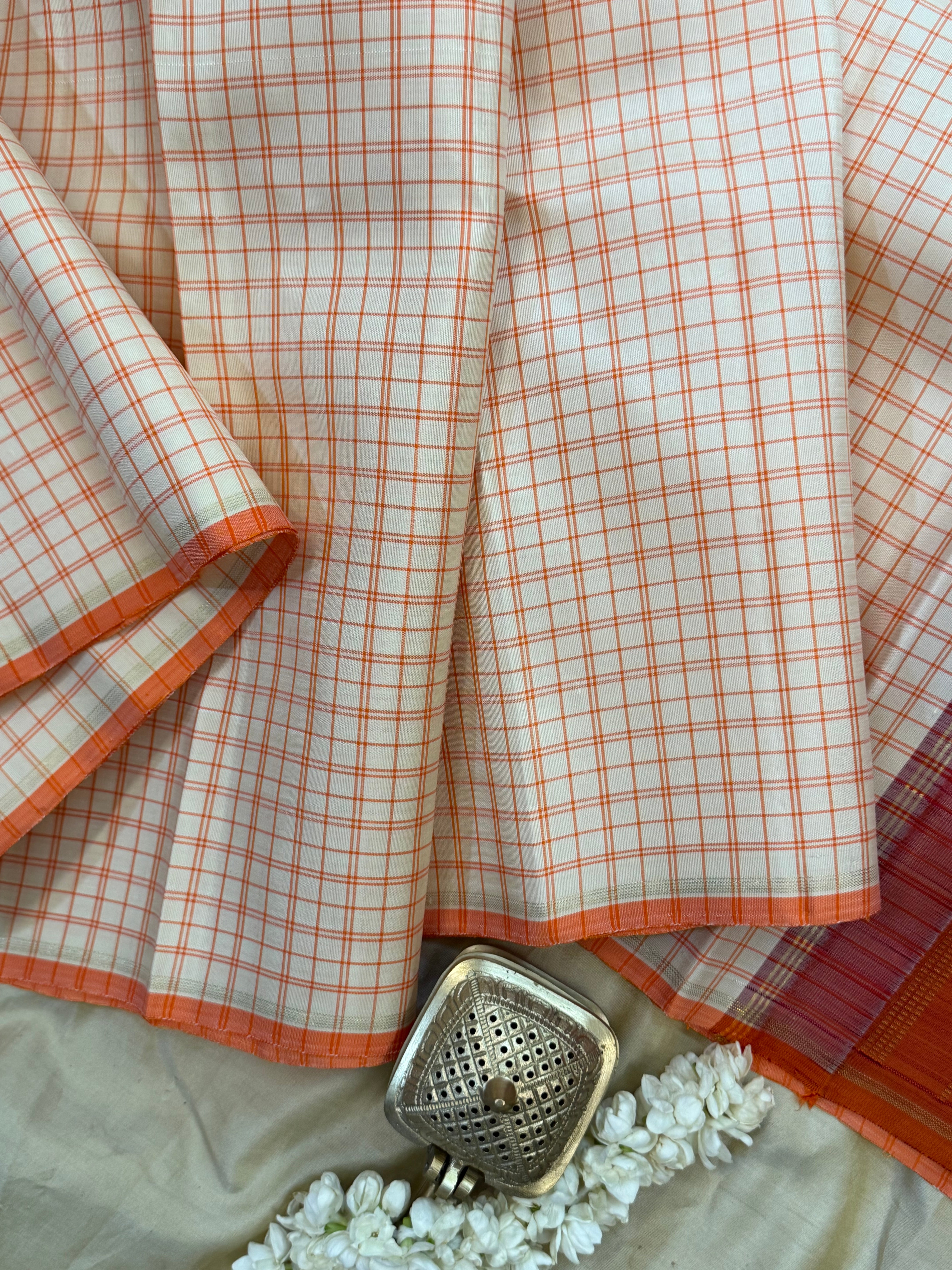 Offwhite and orange checks / Kanjipuram silk