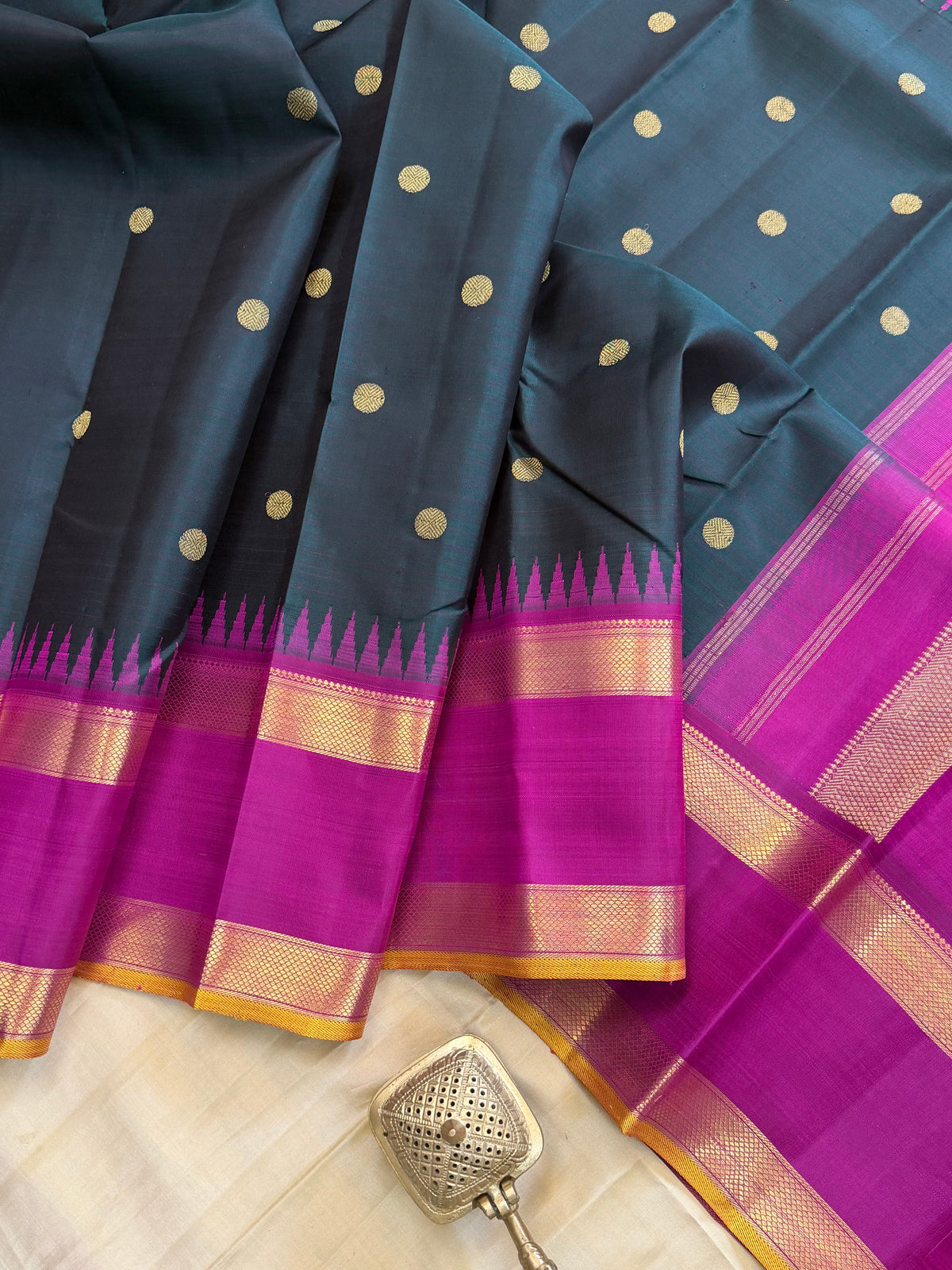 Colours of Navarathri bottle green Korvai Butta  / pure Kanjipuram silk