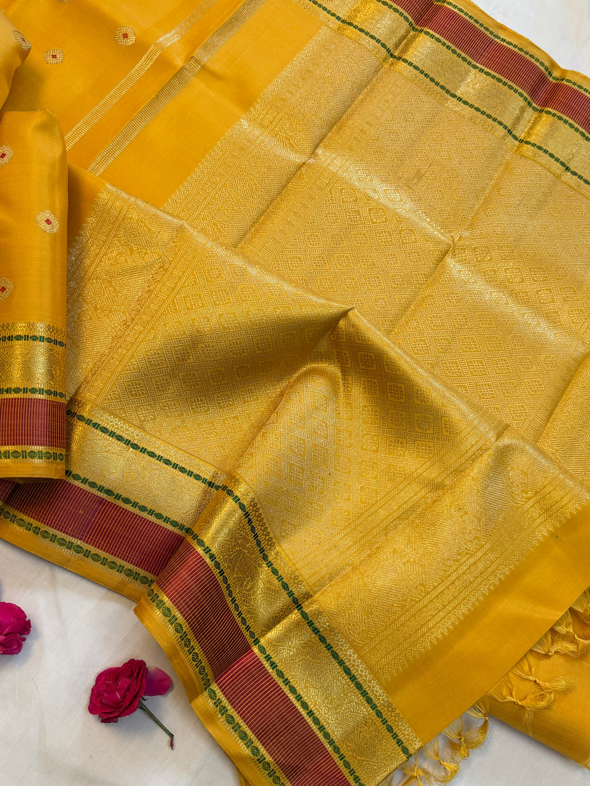 Yellow - Day 1 Navarthri colour pure Zari Kanjipuram silk / Meena work Butta