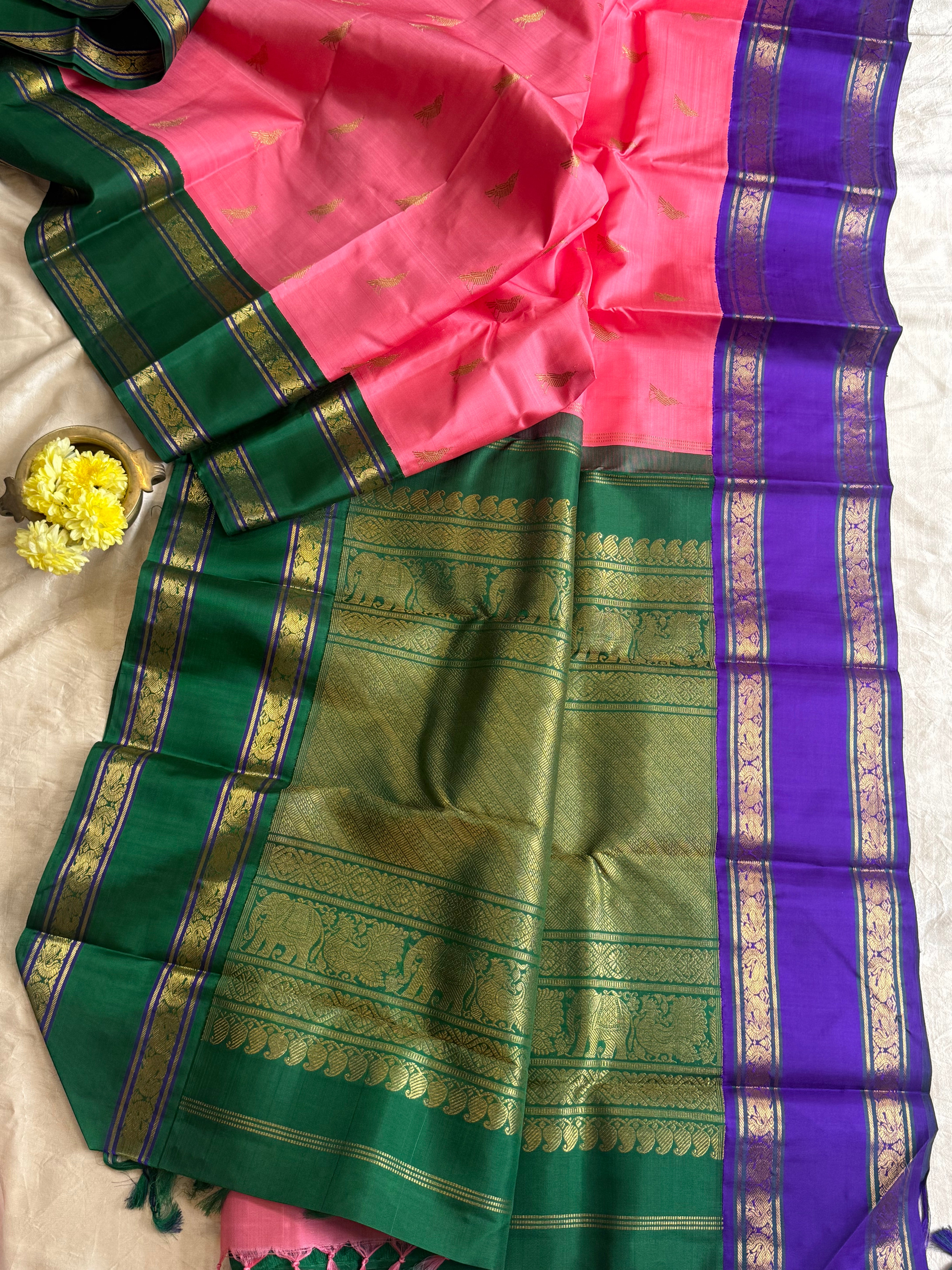 Peachish pink Ganga Jamuna Kai Korvai / kanjipuram silk