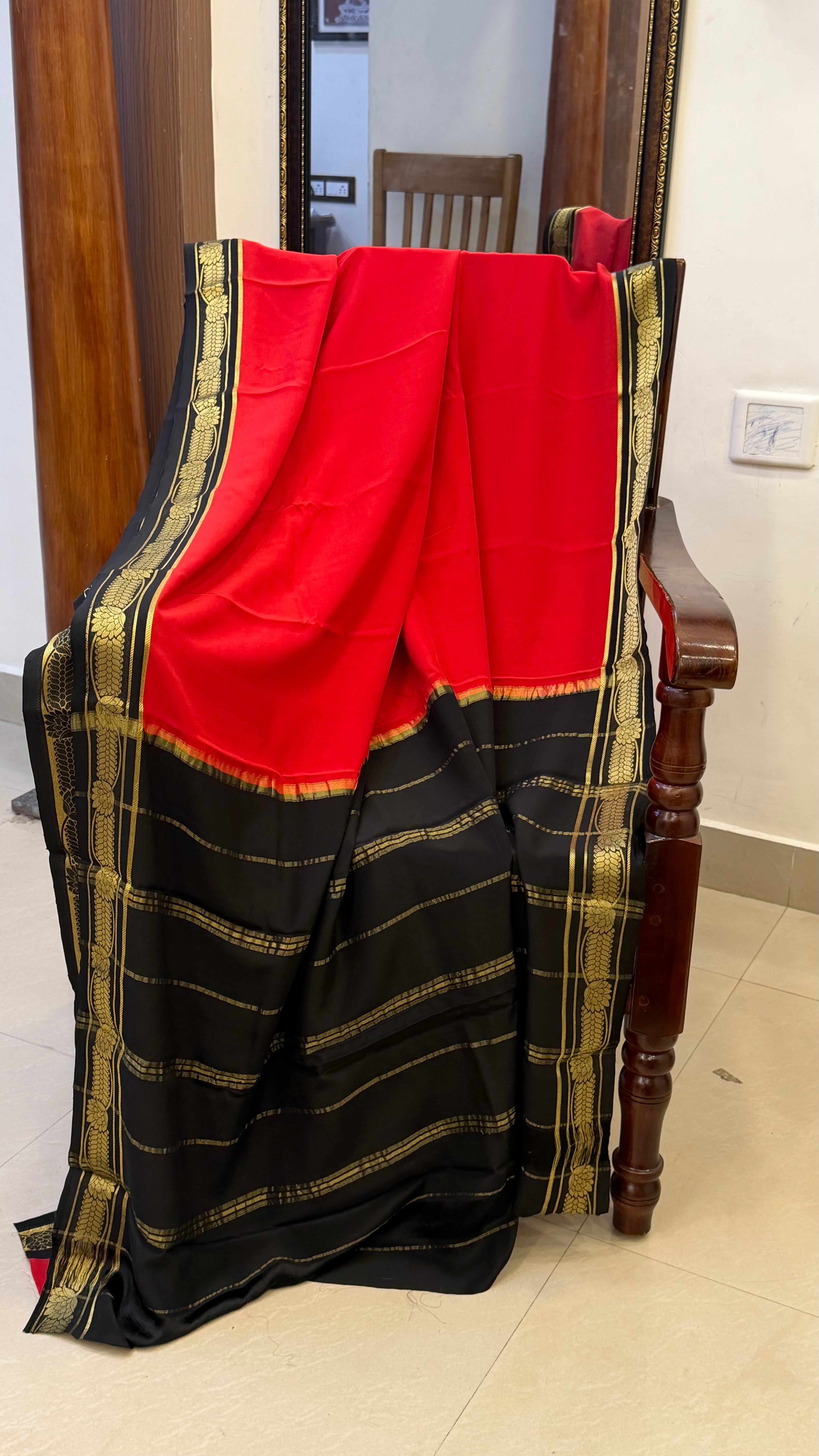 Floral border red black Pure crepe silk saree