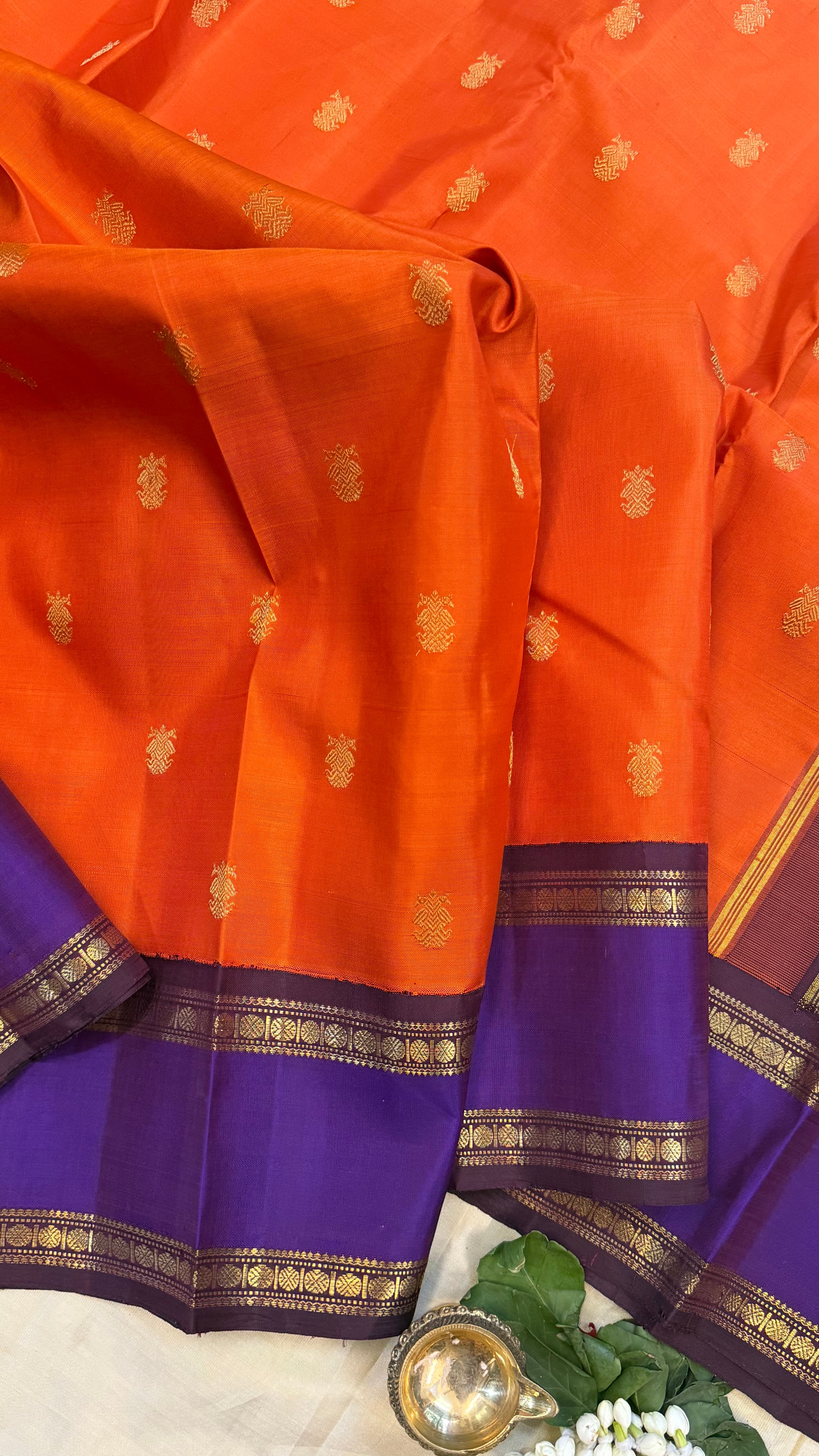 Rustic orange and purple rettapet border kai korvai/ kanjipuram silk