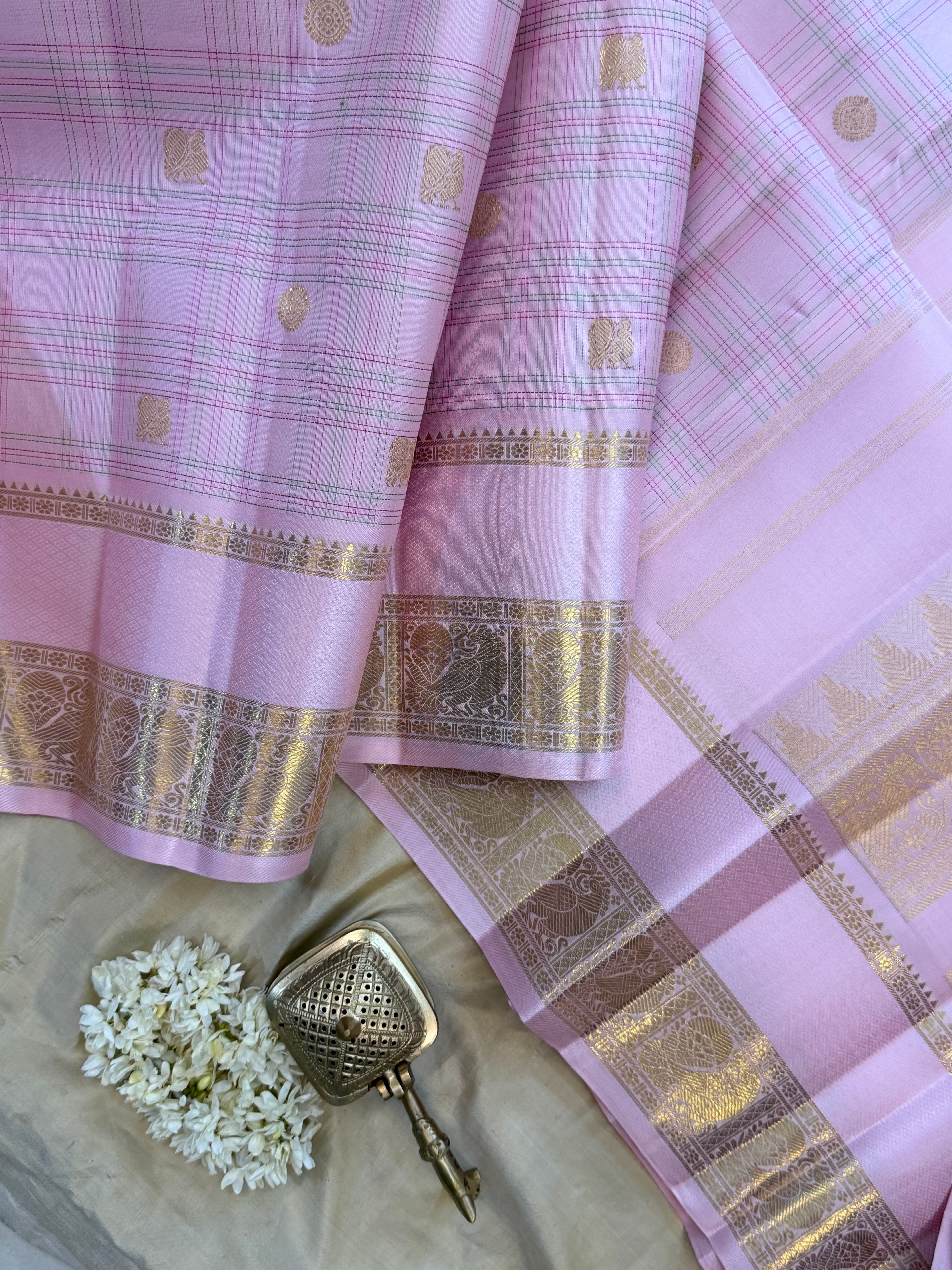 Baby pink thread Kattam retta pet pure Kanjipuram silk CL10144