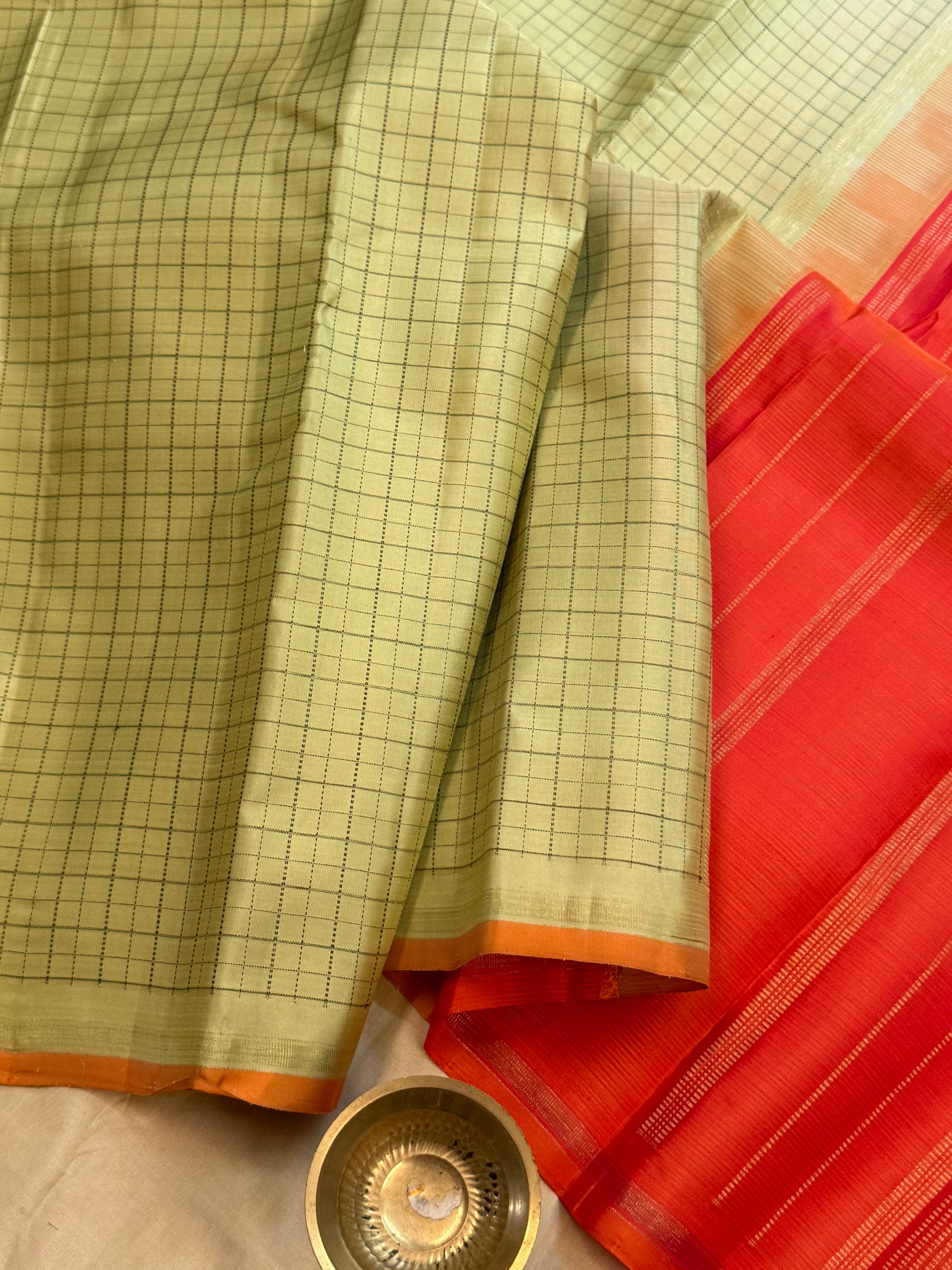 Pista green kattam and orange / Kanjipuram silk