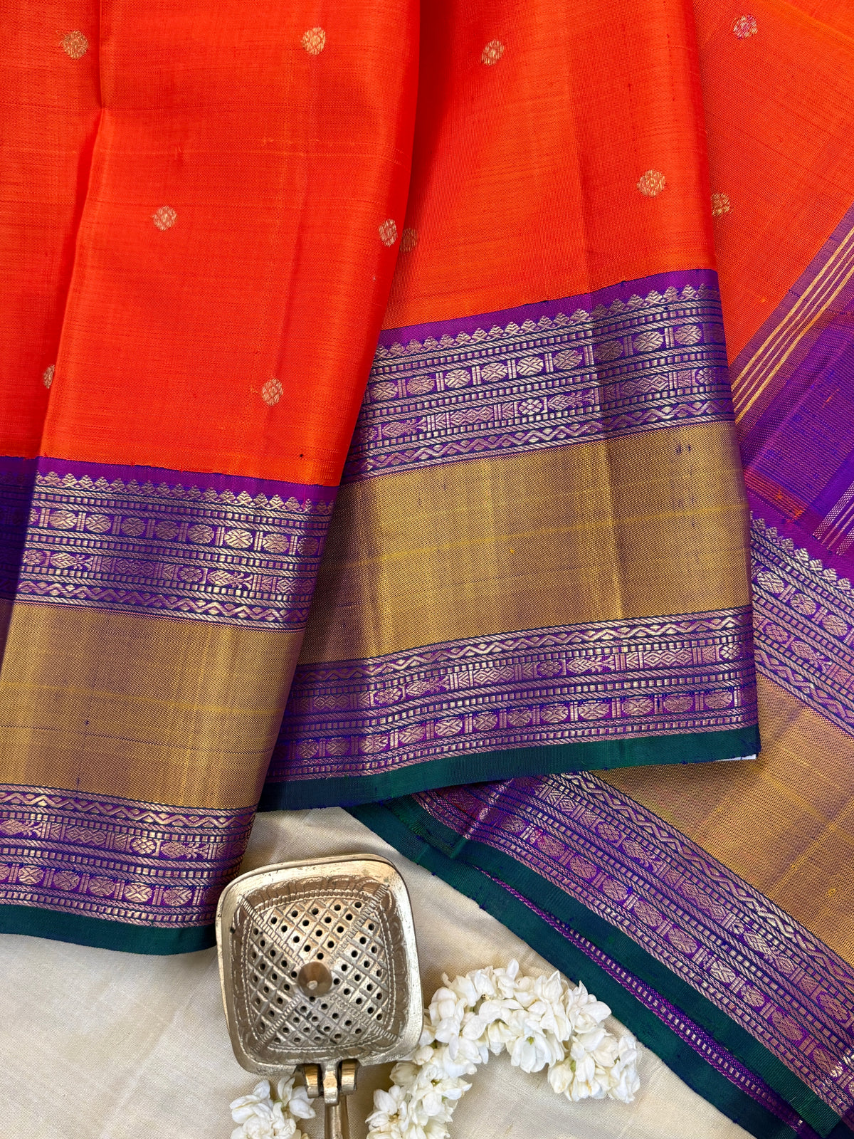 Navarathri - Day 5 Orange Colour pure Zari butta Rettapet Korvai /Kanjipuram silk sree Clsa4987
