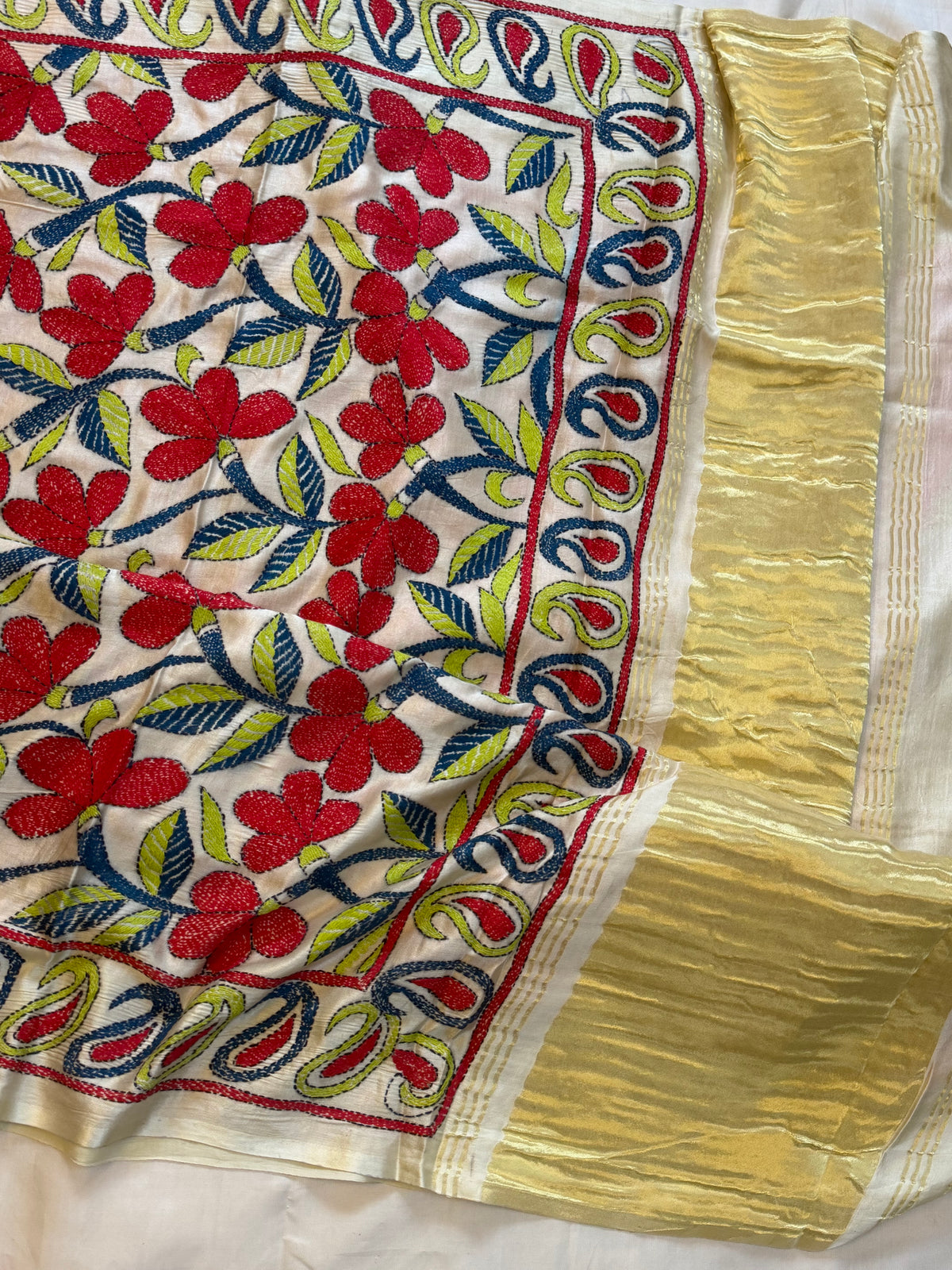 orange Bandhini with Kantha work in gajji silk