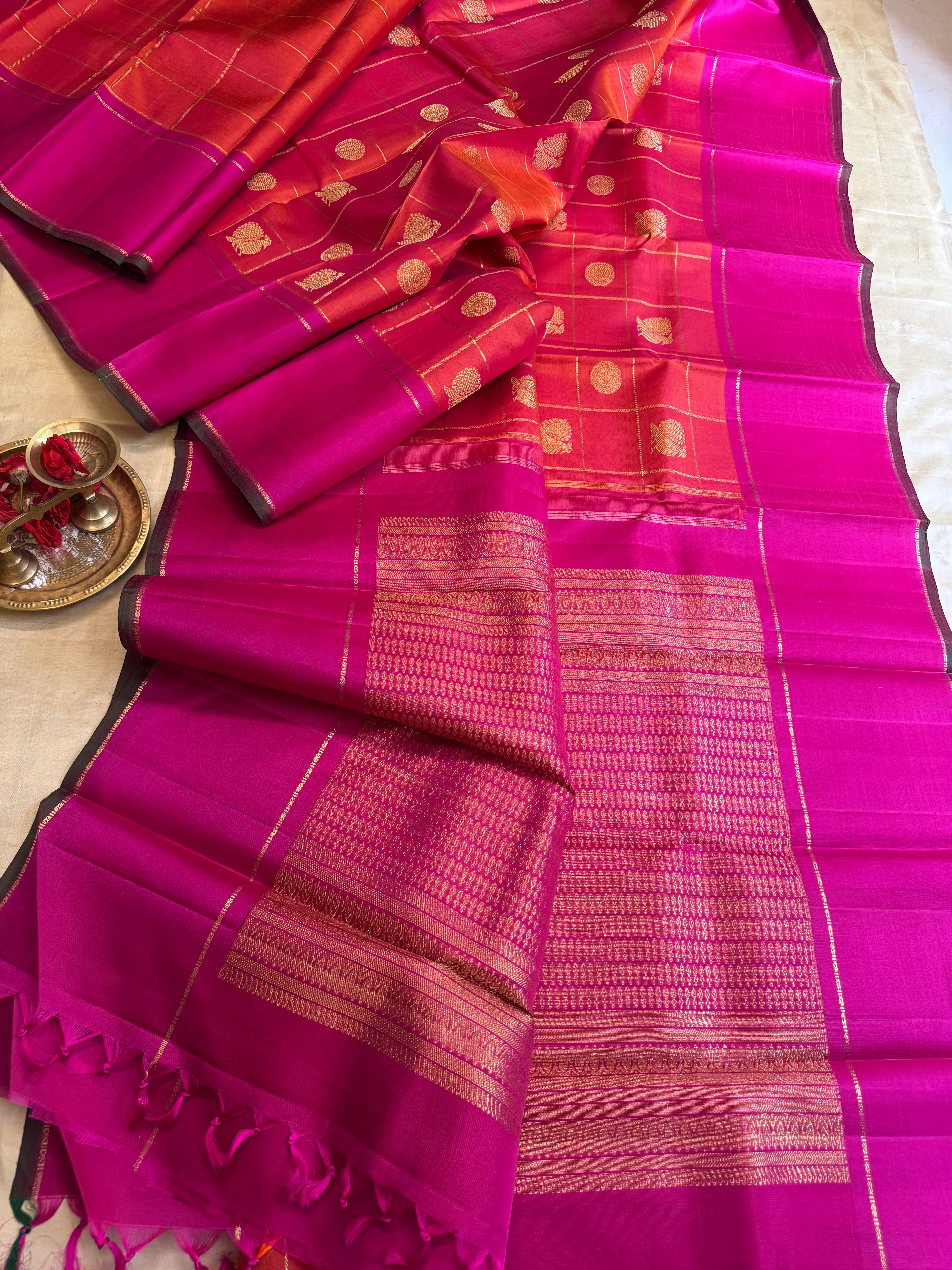 Rustic orange with pink border.   / Bridal edit kanjipuram silk