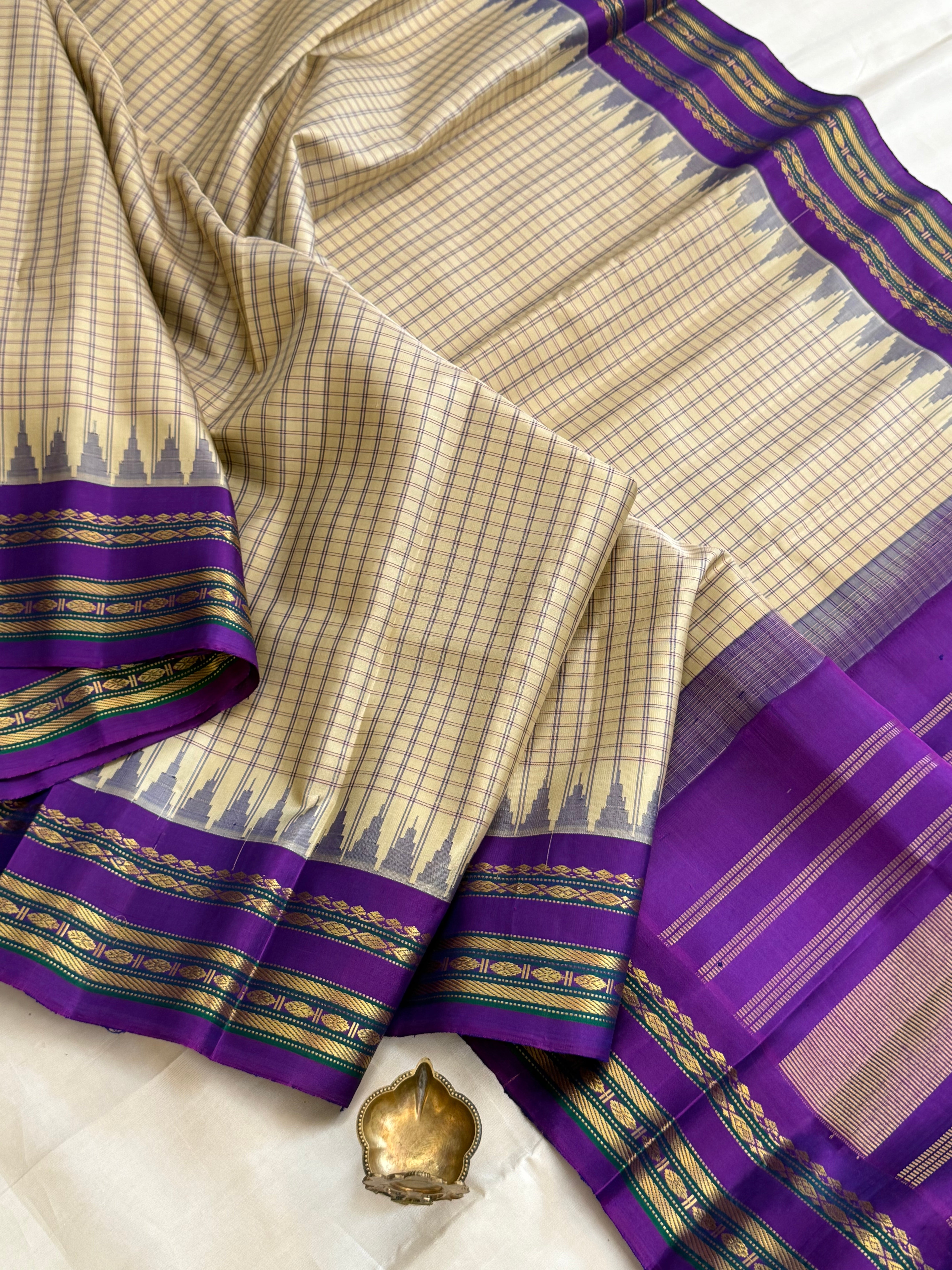 Cream body check with purple temple border  / Gadwal silk CLSA11297