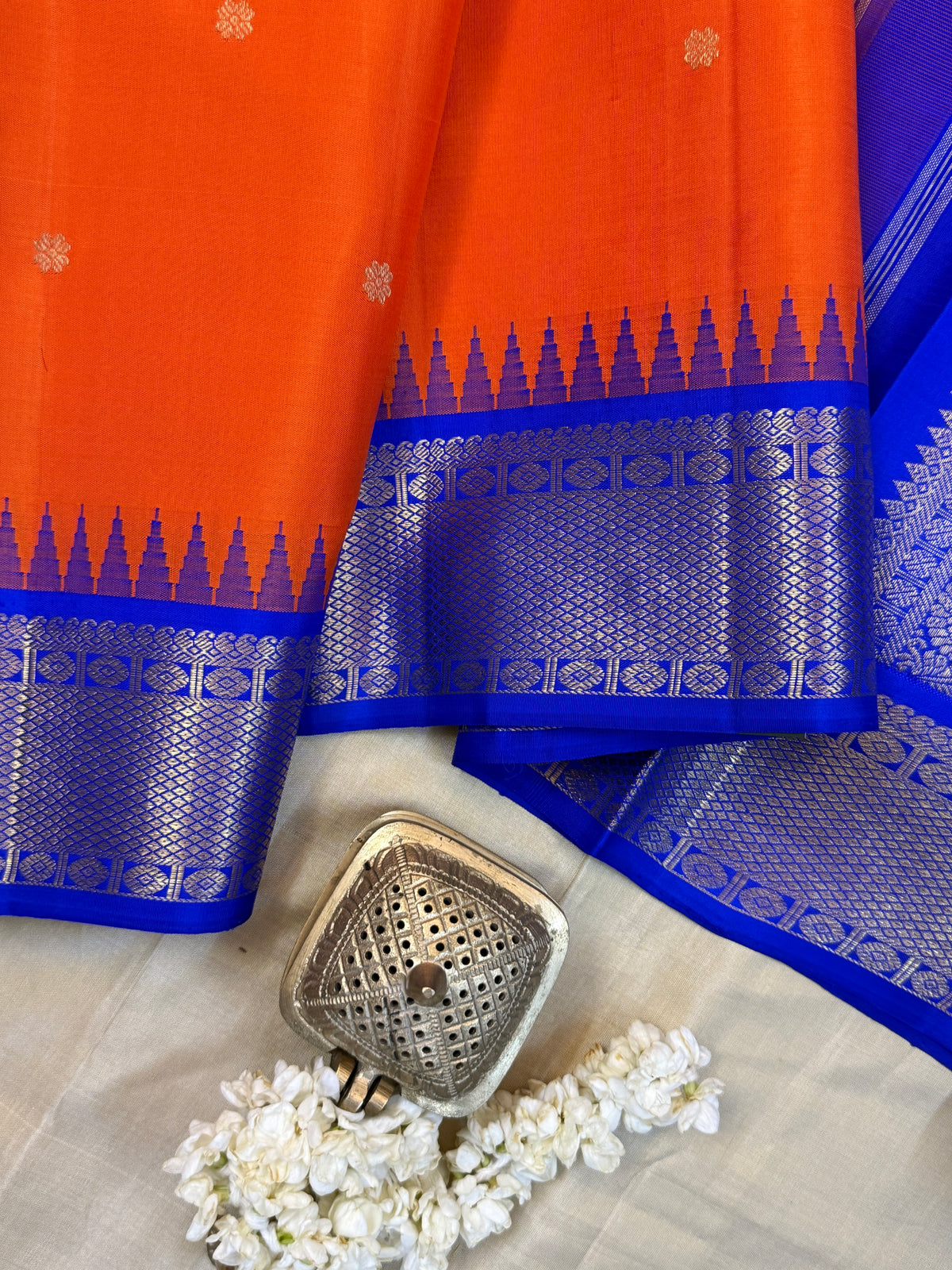 Navarathri - Day 5 Orange Colour pure Zari butta Korvai /Kanjipuram silk sree Clsa 4445