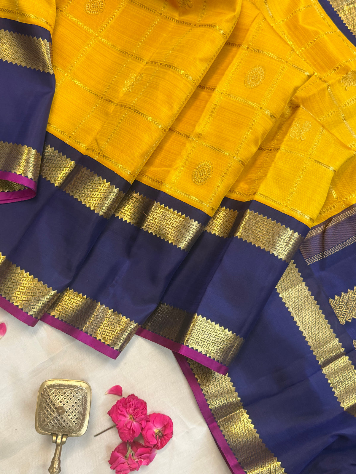 Yellow - Day 1 Navarthri colour pure Zari Kanjipuram silk / golden yellow Kattam Butta Korvai